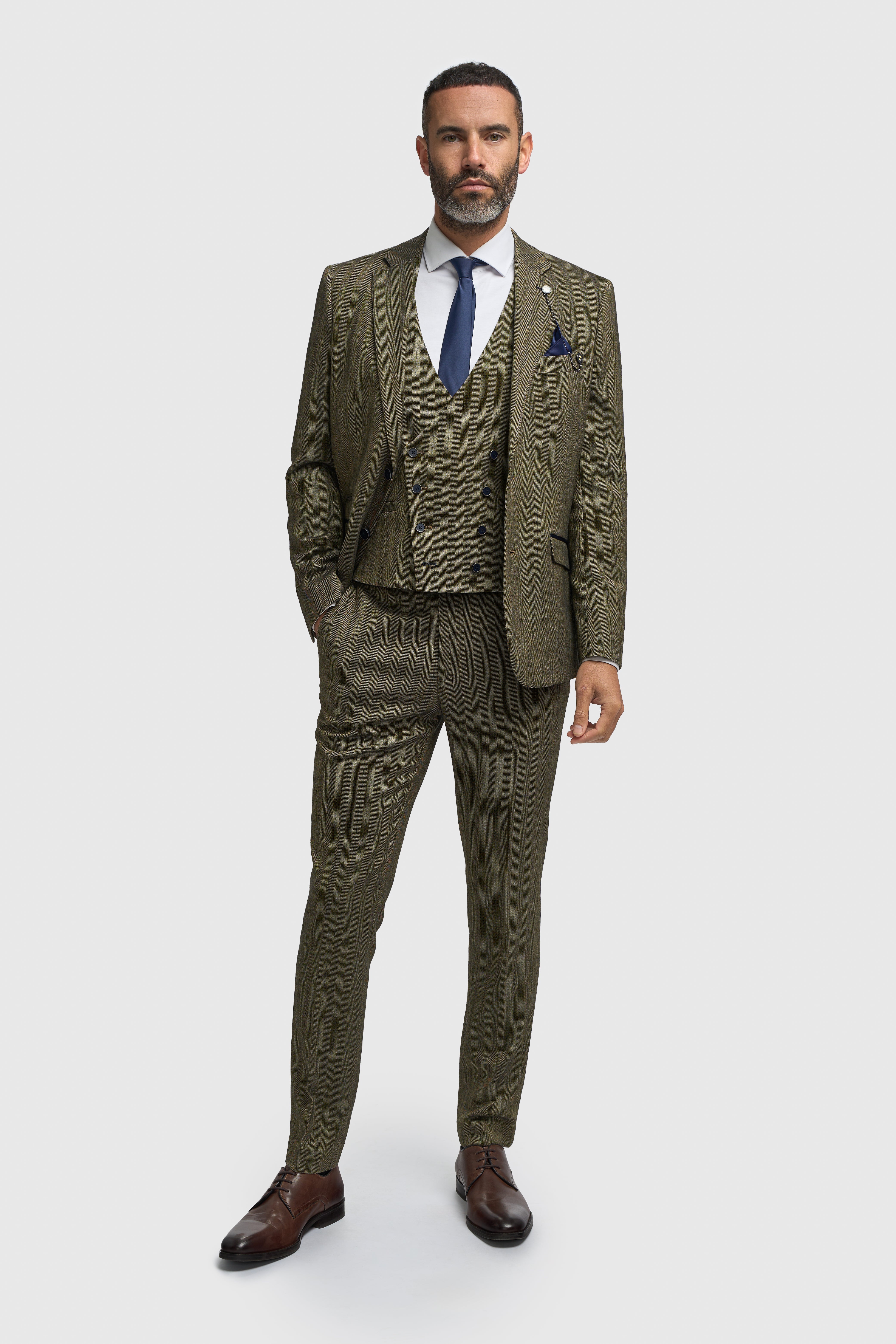Men’s 3-Piece Herringbone Suit with Double Breasted Waistcoat - Damon - Sage Green