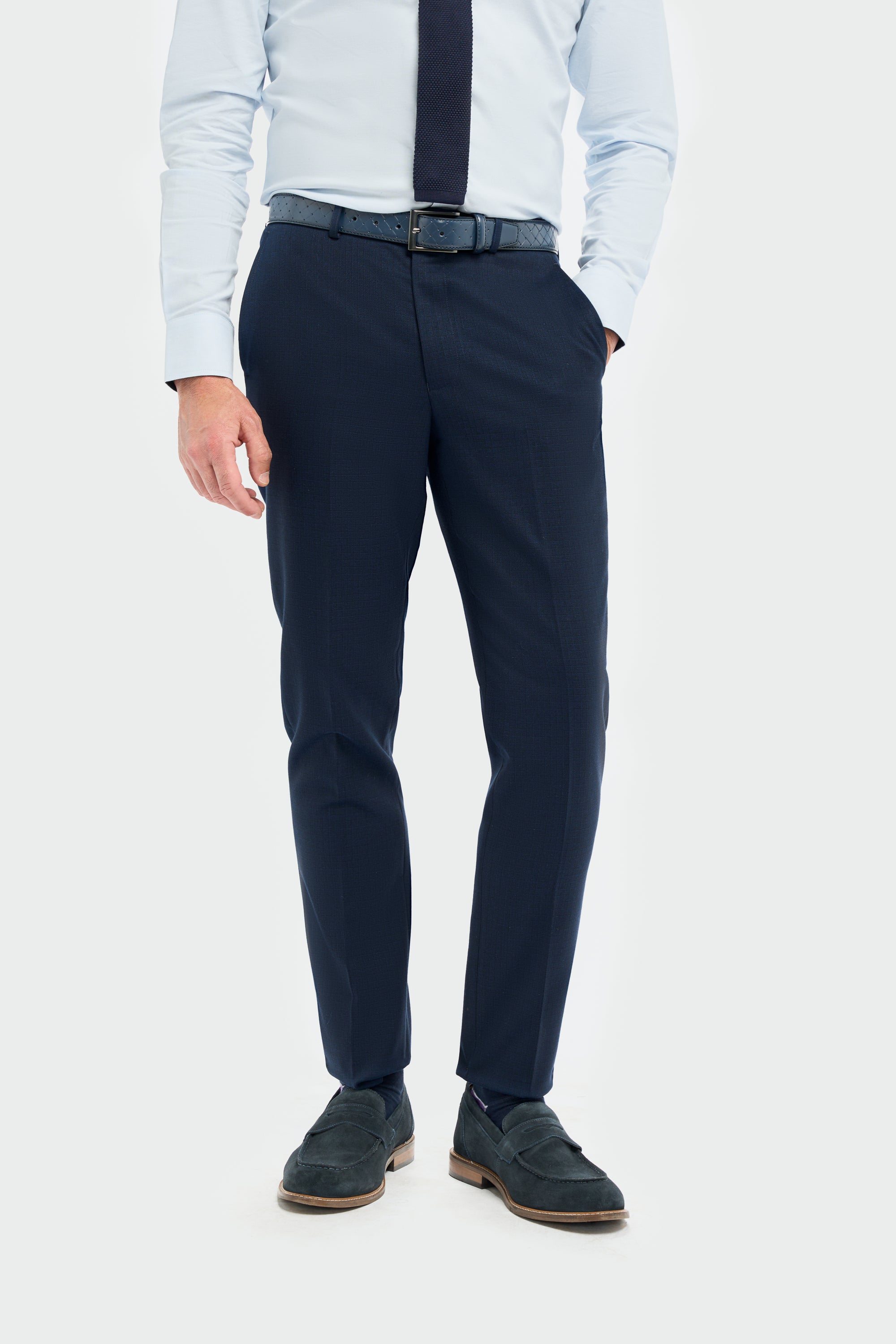 Men’s 3-Piece Slim Fit Textured Formal Suit - Tropez - Navy Blue Trousers Picture