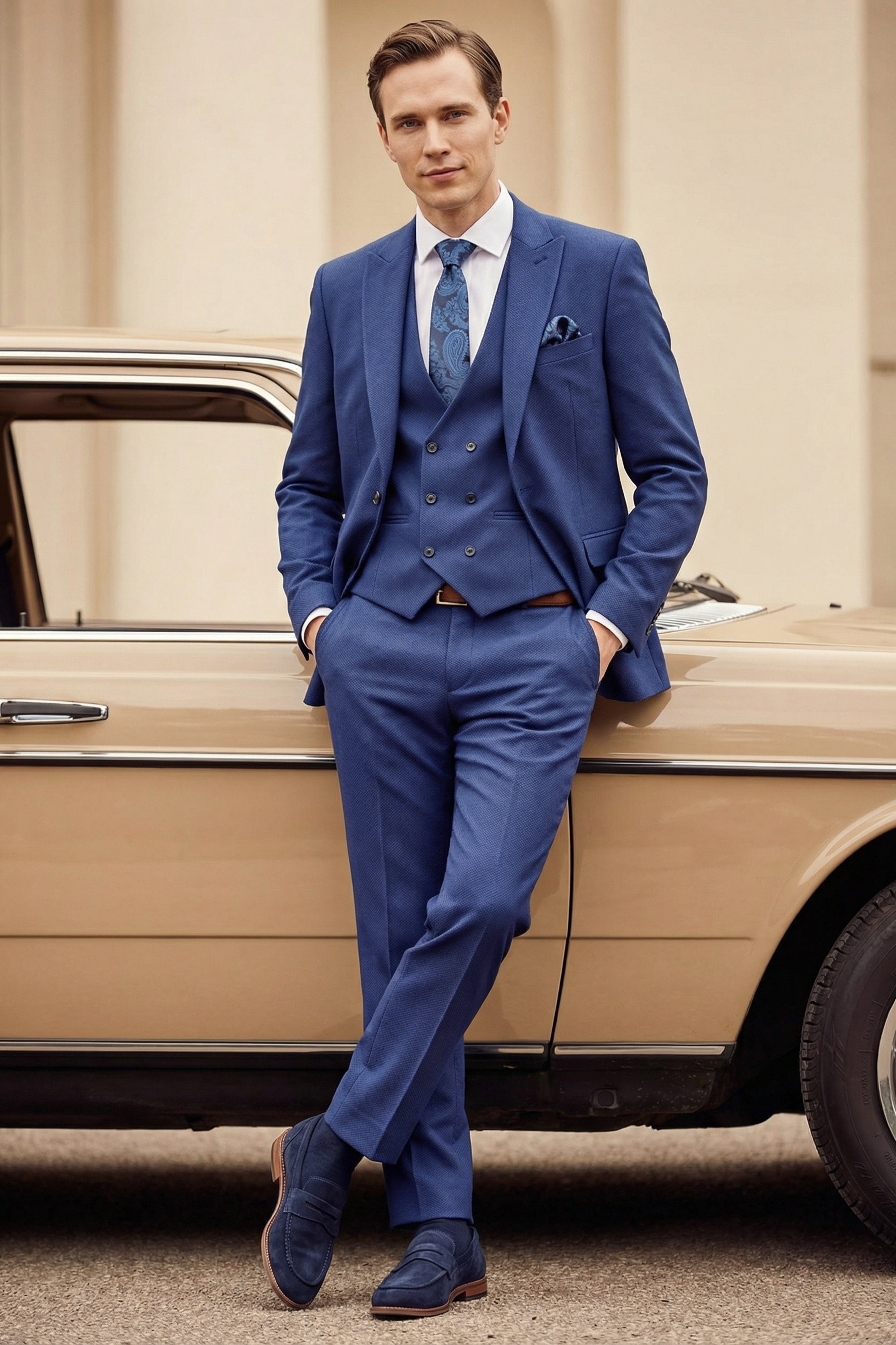 Men’s 3-Piece Textured Formal Suit with Double Breasted Waistcoat - Core - Navy Blue