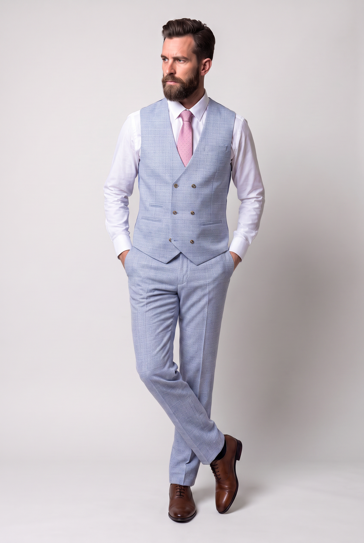 Men’s 3-Piece Tweed Like Glen Check Suit - Robert Simon Luis Pale Blue Image
