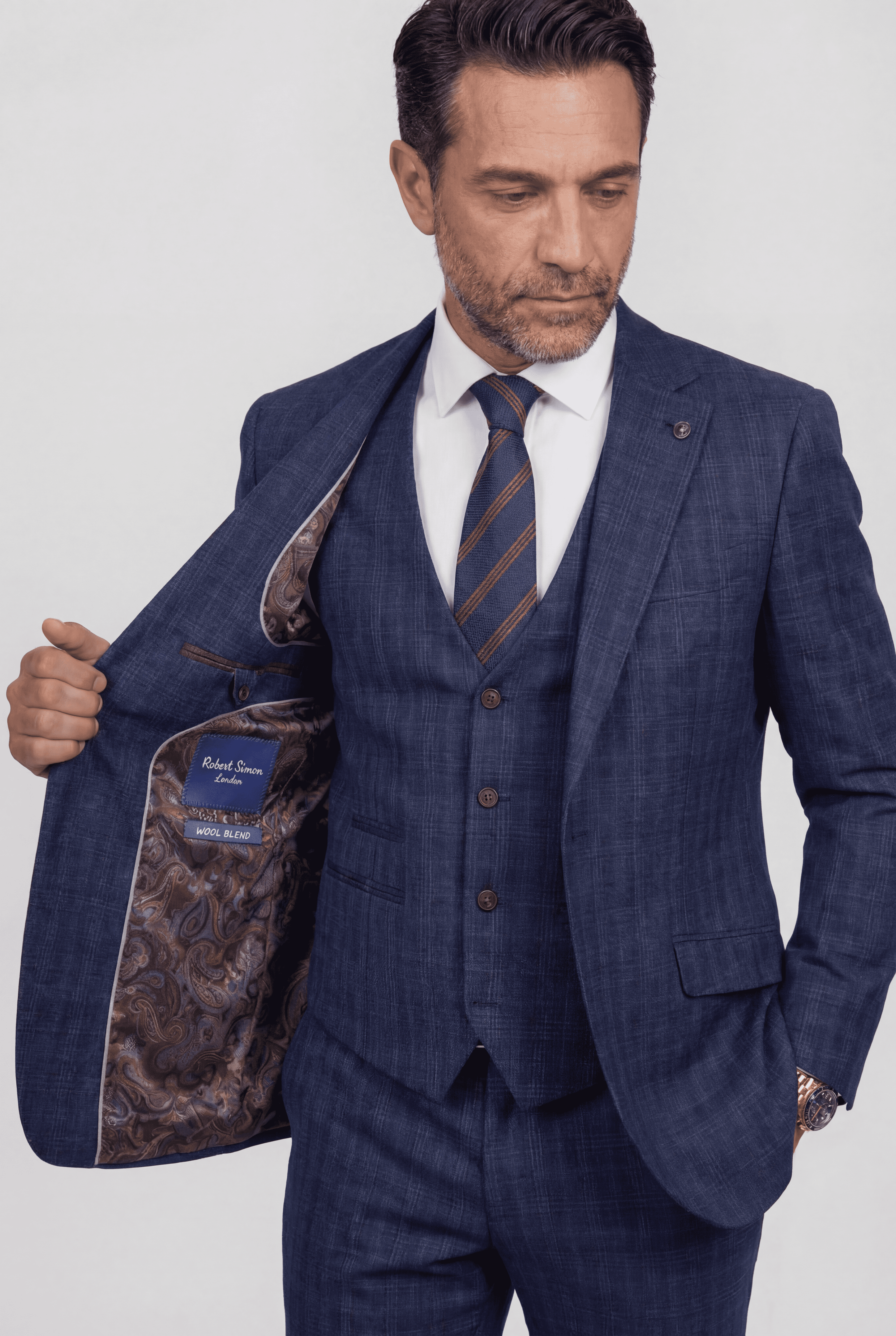 Herren 3-teiliger Windowpane-Karo-Anzug - Marcos - Marineblau
