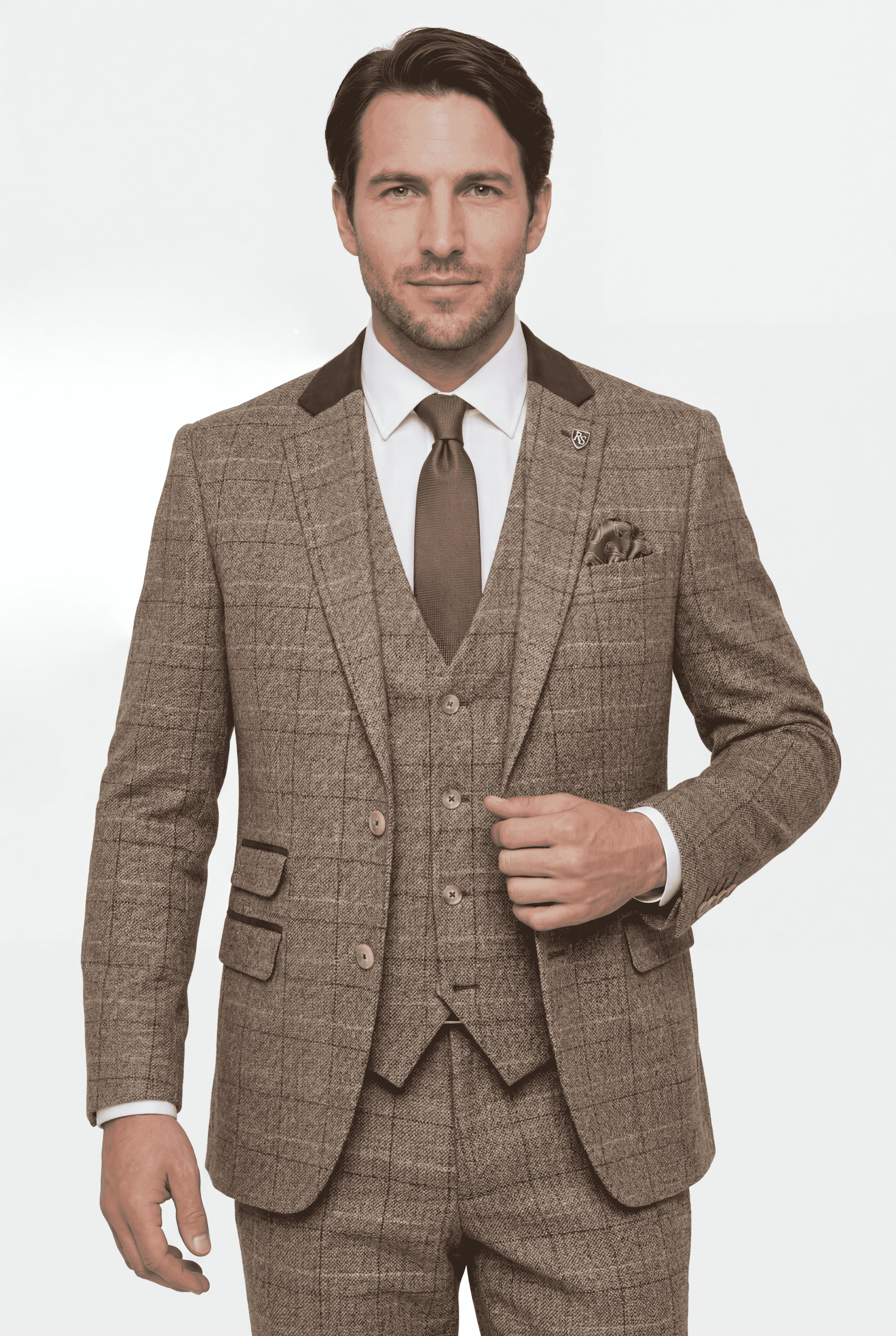Abito da uomo in tweed a quadri a 3 pezzi - Marrone