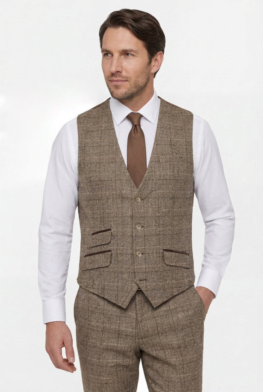 Traje de tweed de ventana de 3 piezas para hombre - Marrón