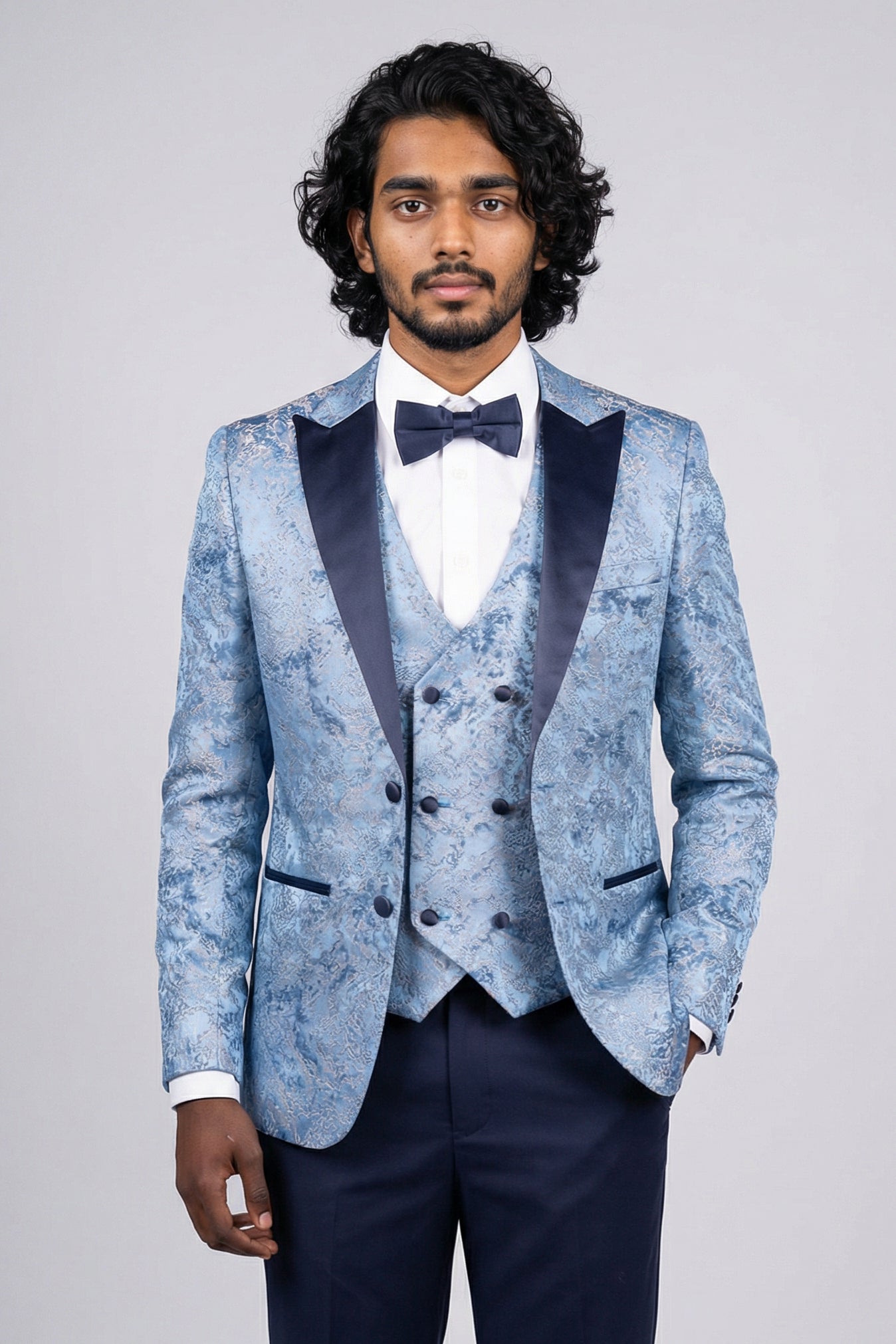 Men’s 4-Piece Cotton Blend Jacquard Tuxedo Suit with Double Breasted Waistcoat - Vincent -Blue Model Picture