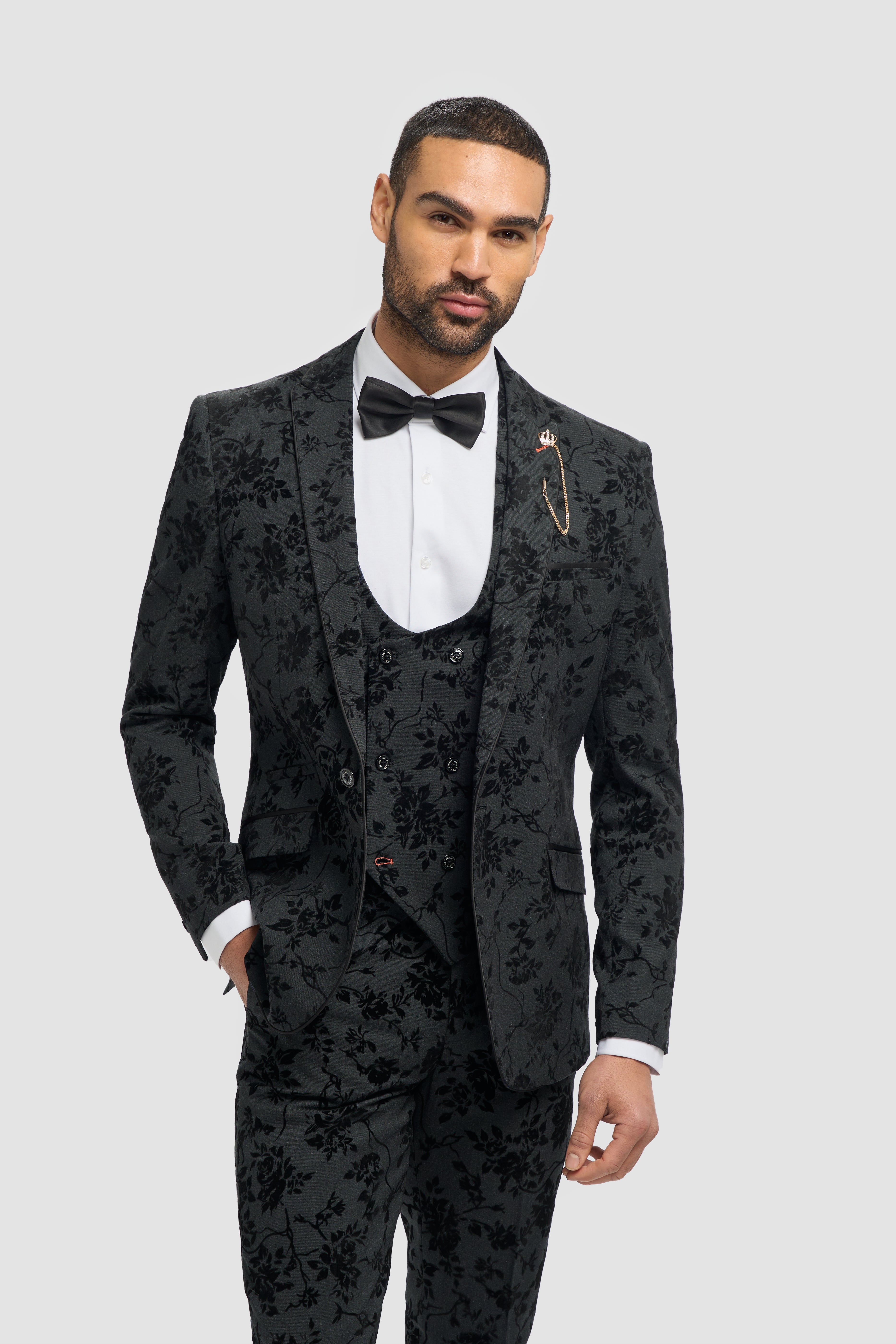 Men's Black Velvet Floral Embroidered Suit- GEORGI - Black Model Picture