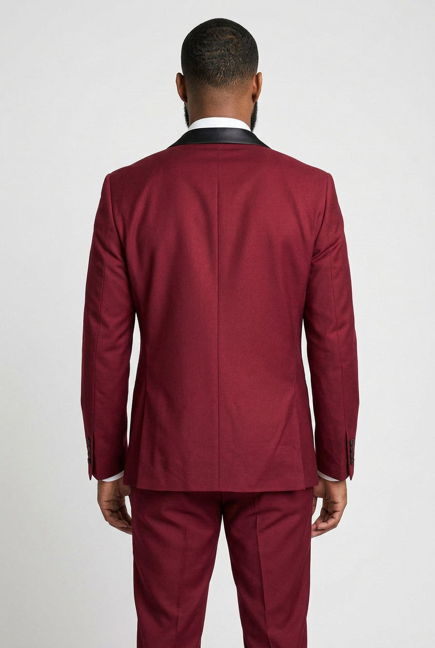 Costume trois pièces bordeaux pour homme avec revers en satin noir