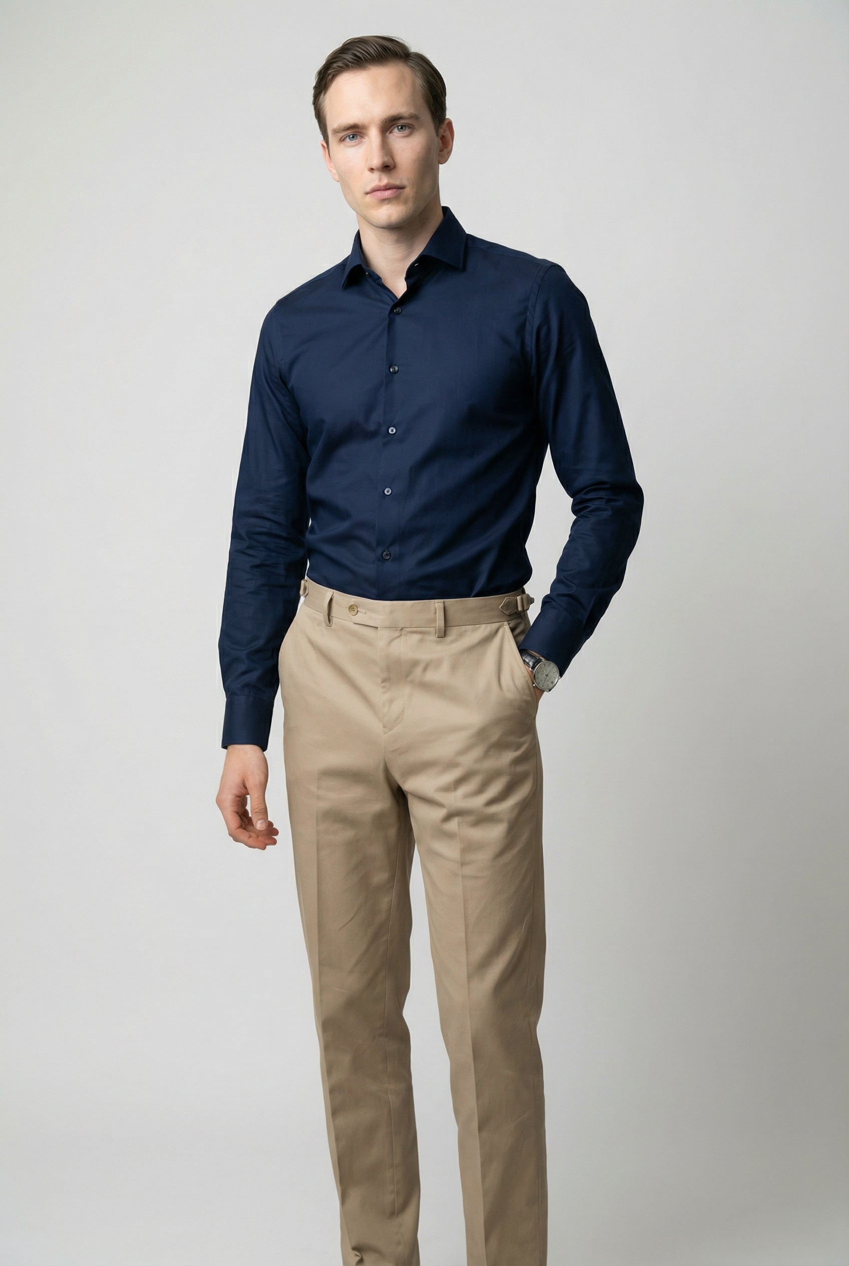 Herren Baumwoll Schlank geschnittener Beige Anzug - KINGSTON - Beige