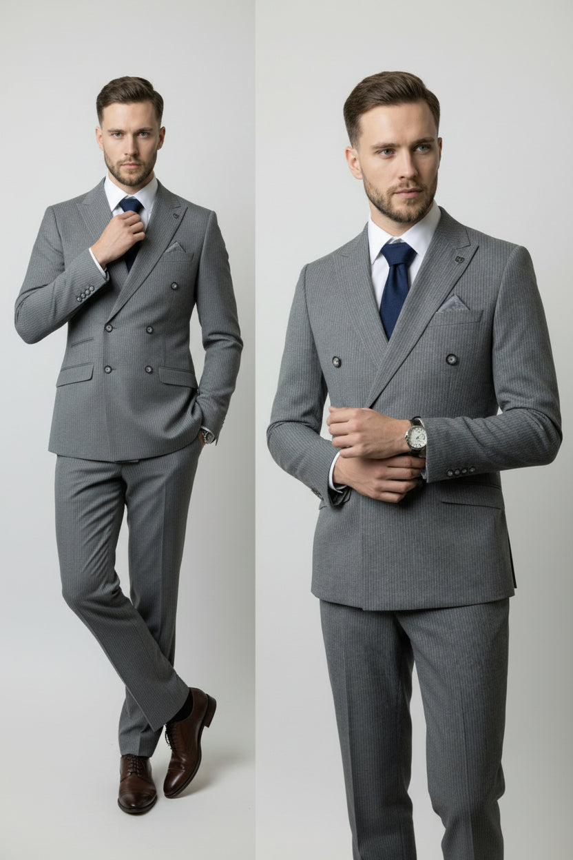 Men's Double Breasted Pinstripe Suit - JAYCE Grey