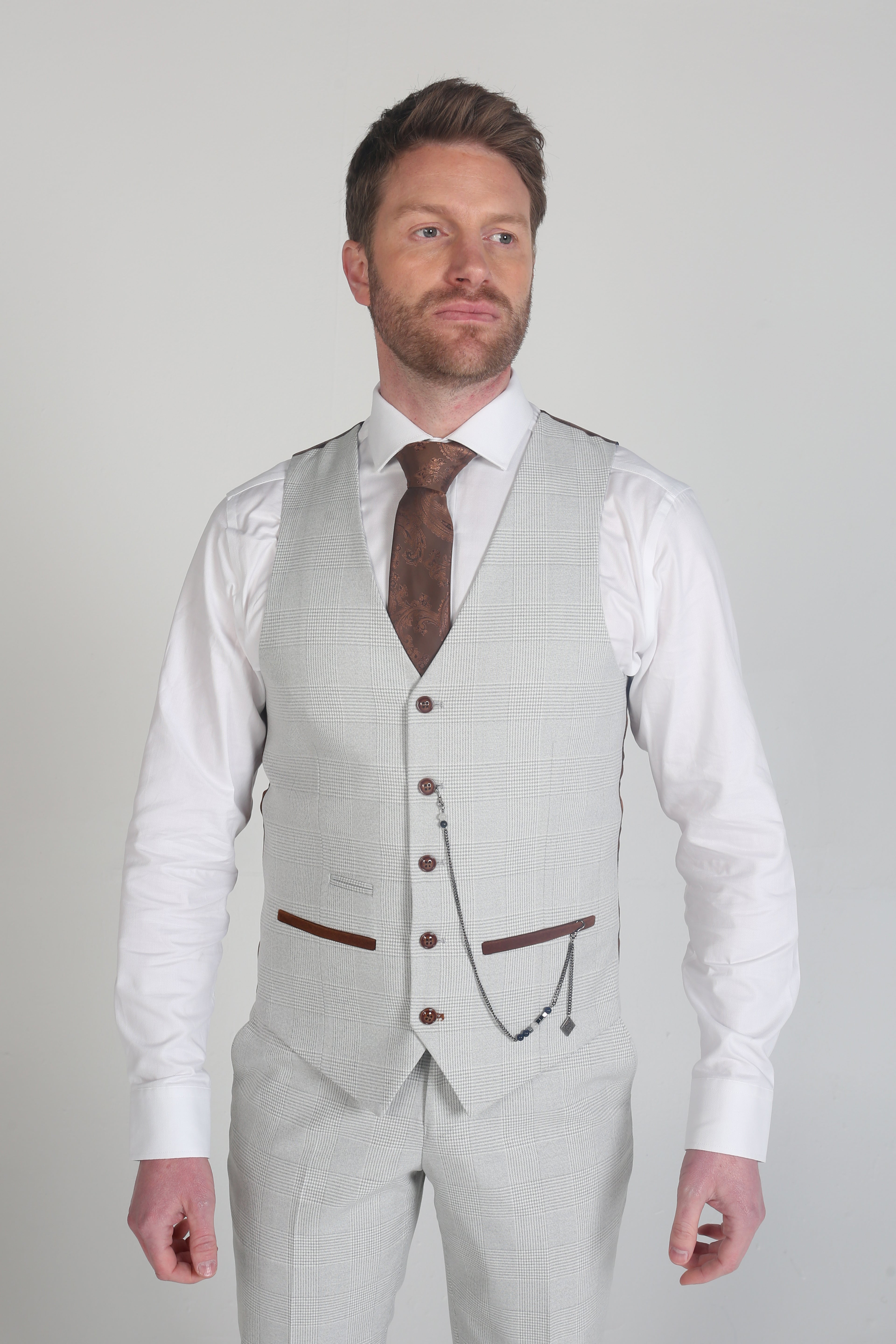 Men's Herringbone Check Suit Tailored Fit Suit - MARK STONE - Stone Beige
