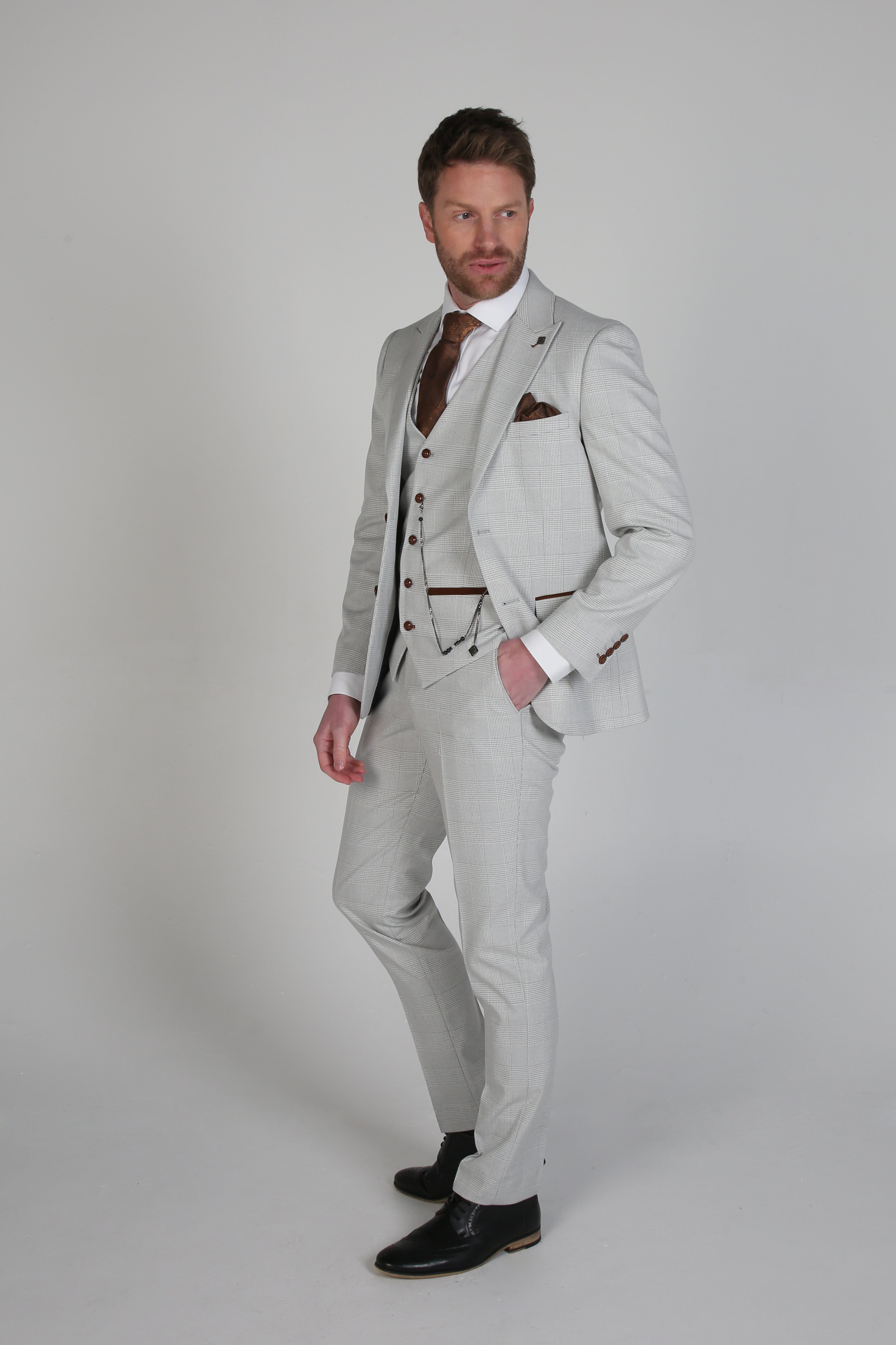 Men's Herringbone Check Suit Tailored Fit Suit - MARK STONE - Stone Beige