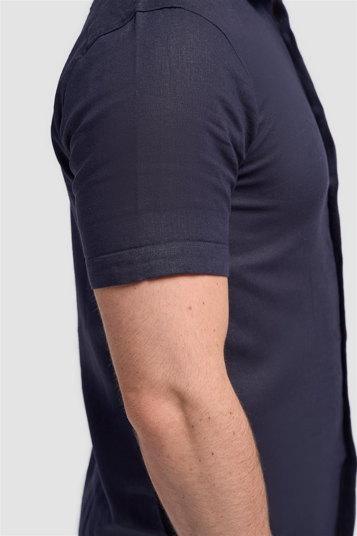 Men’s Linen Blend Short Sleeve Shirt with Cuff Trim - Matera - Navy Shirt Sleeve Picture