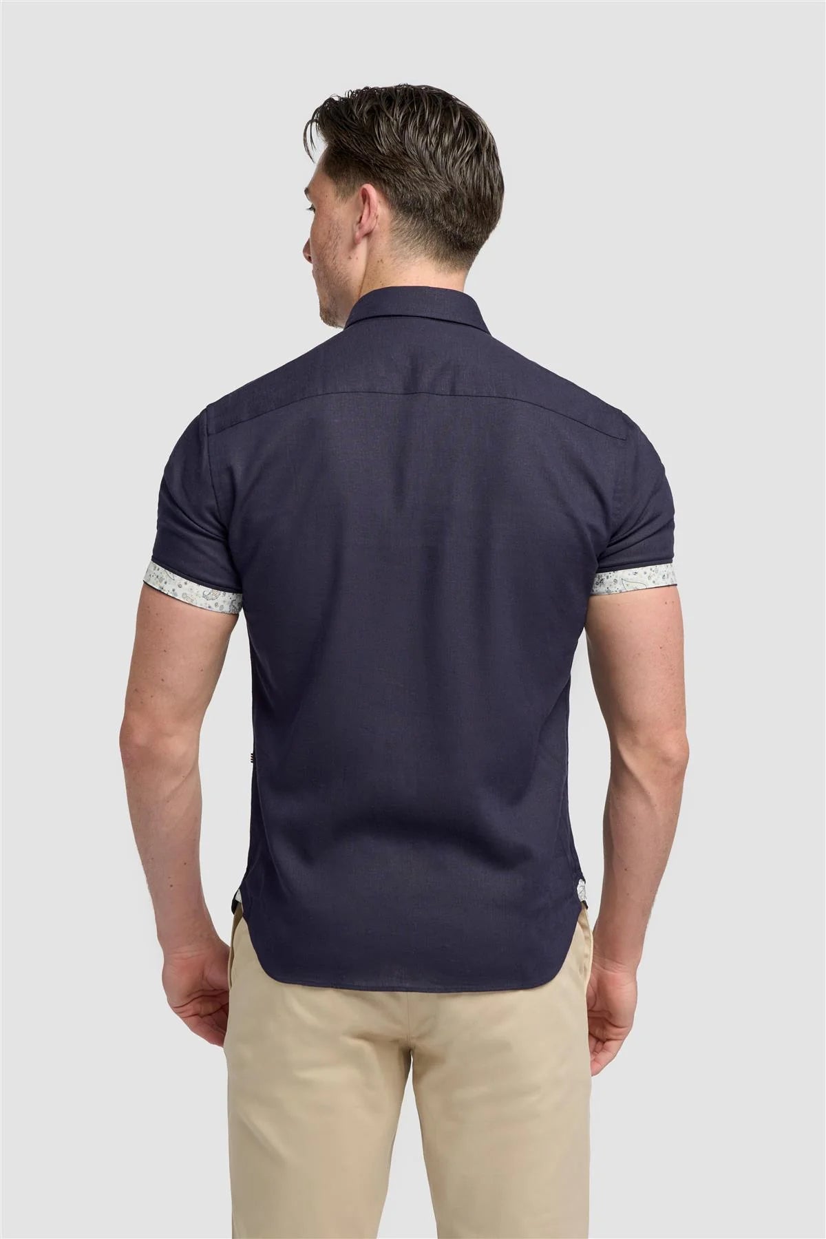 Men’s Linen Blend Short Sleeve Shirt with Cuff Trim - Matera - Navy Model Back Picture