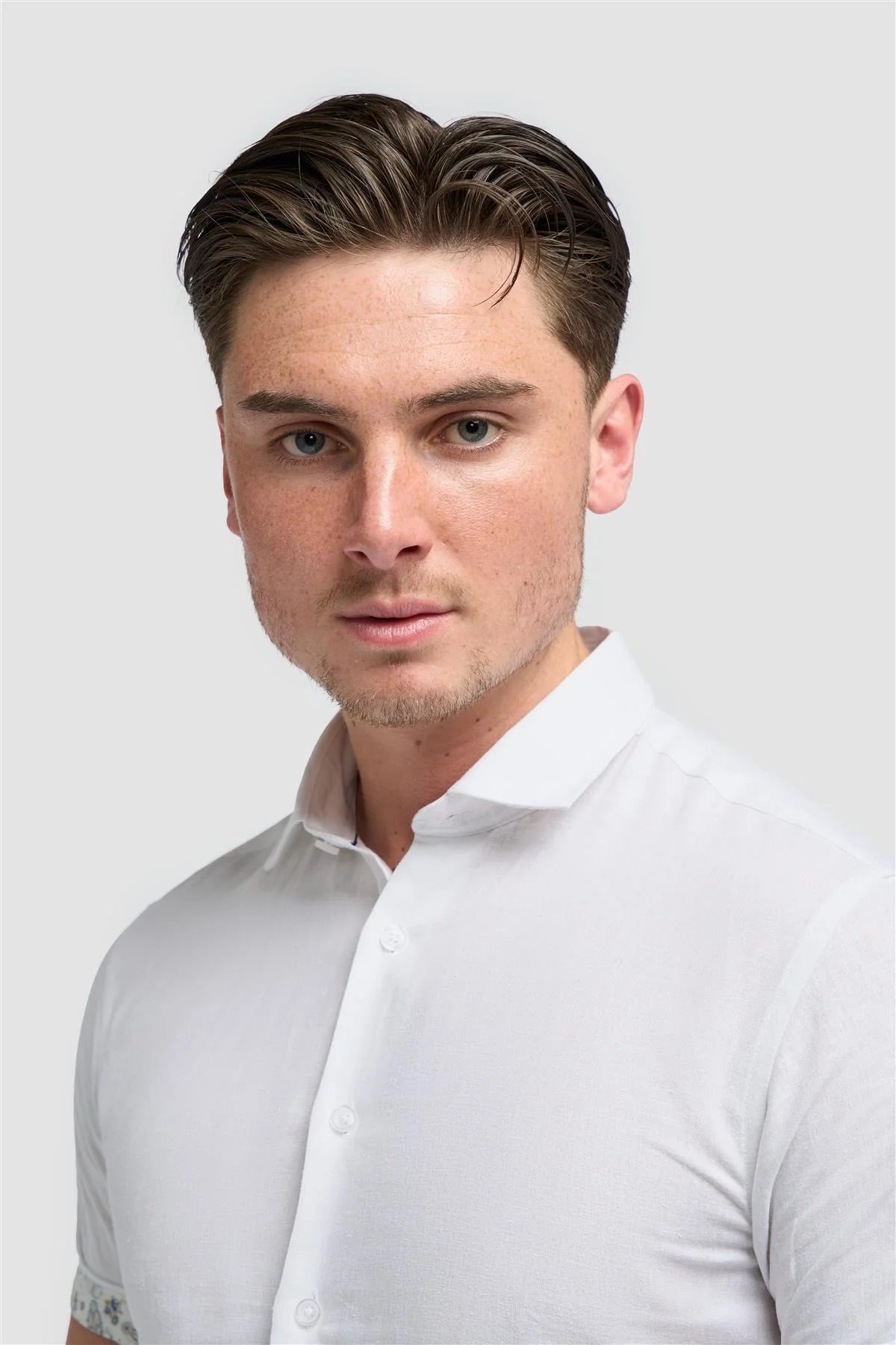 Men’s Linen Blend Short Sleeve Shirt with Cuff Trim - Matera - White 