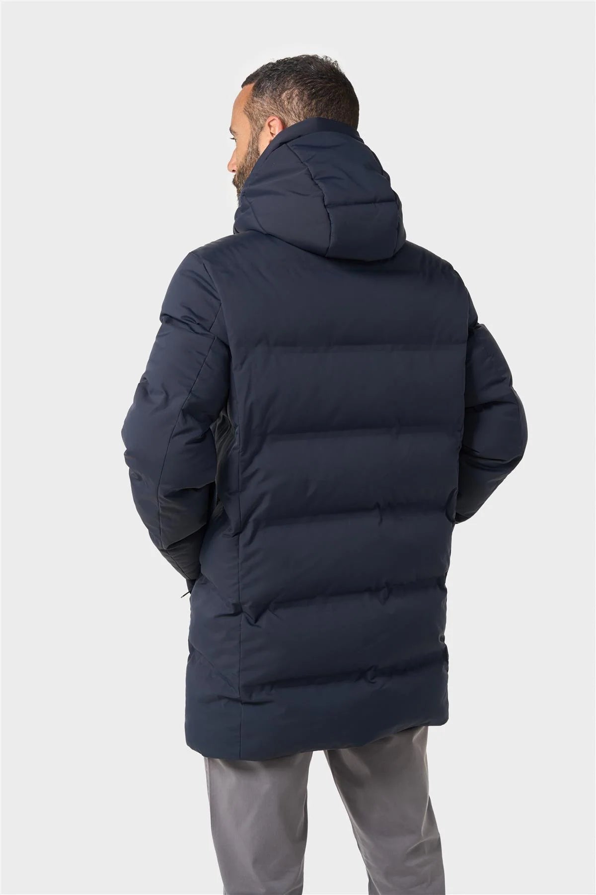 Men’s Long Hooded Puffer Winter Coat – Cavani Delray Navy Model Back Picture