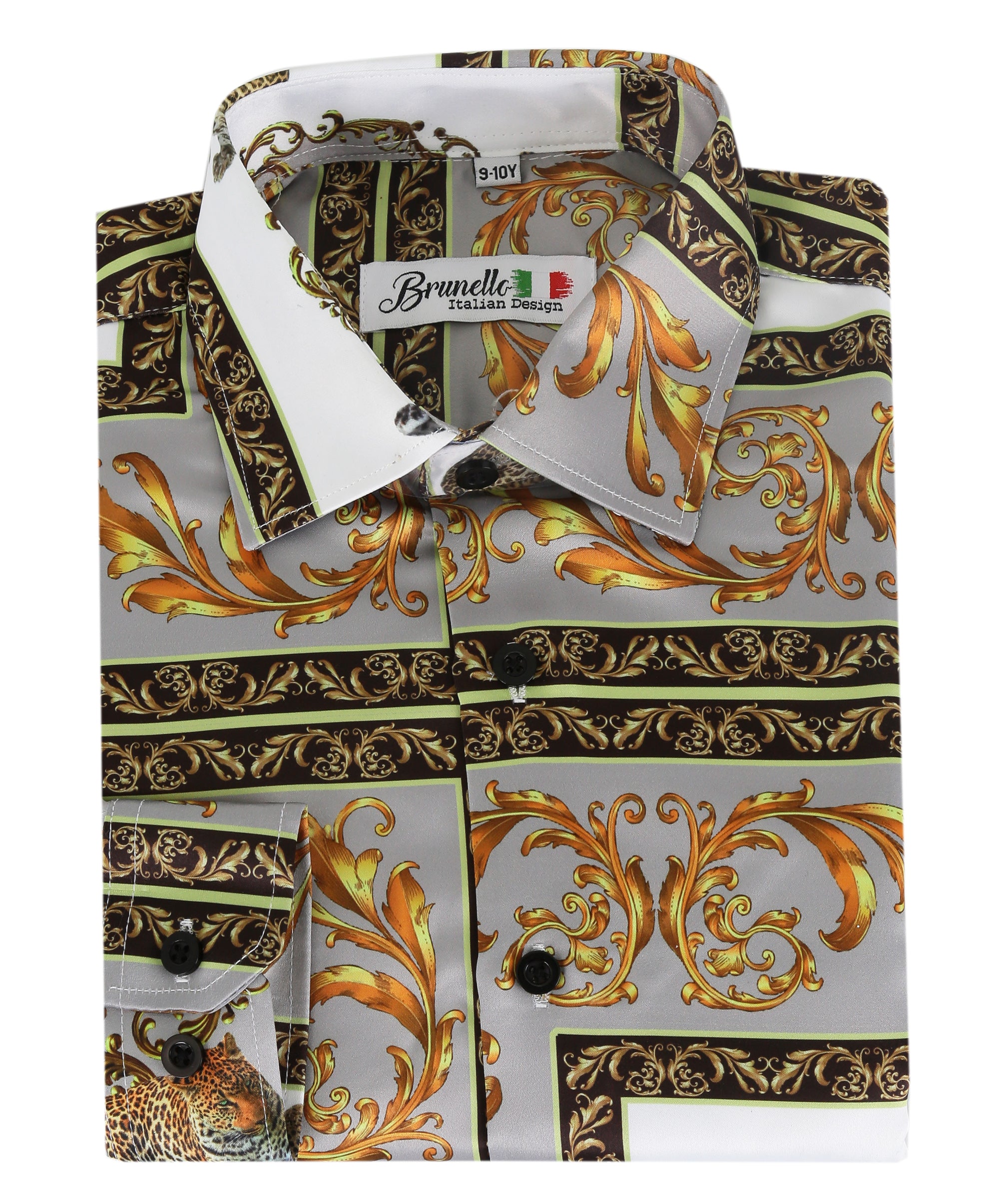 Men's Long Sleeve Printed Satin Shirt - Grey and Gold Front Picture