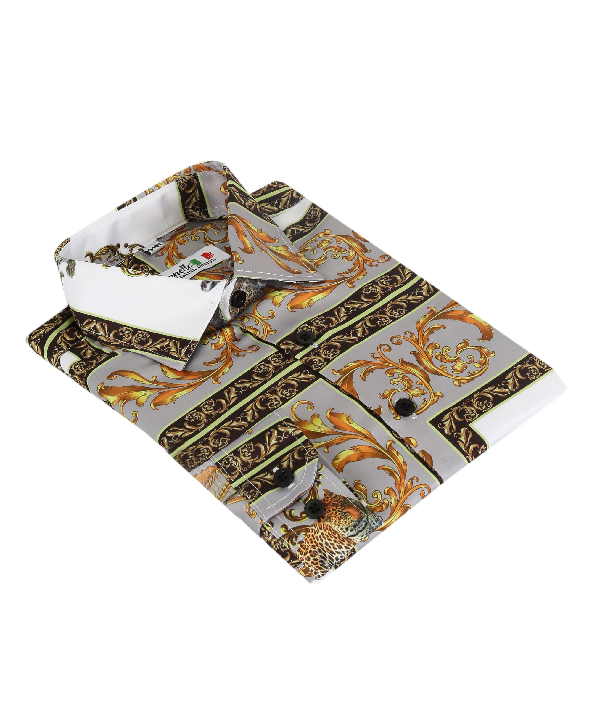 Men's Long Sleeve Printed Satin Shirt - Grey and Gold Side Picture