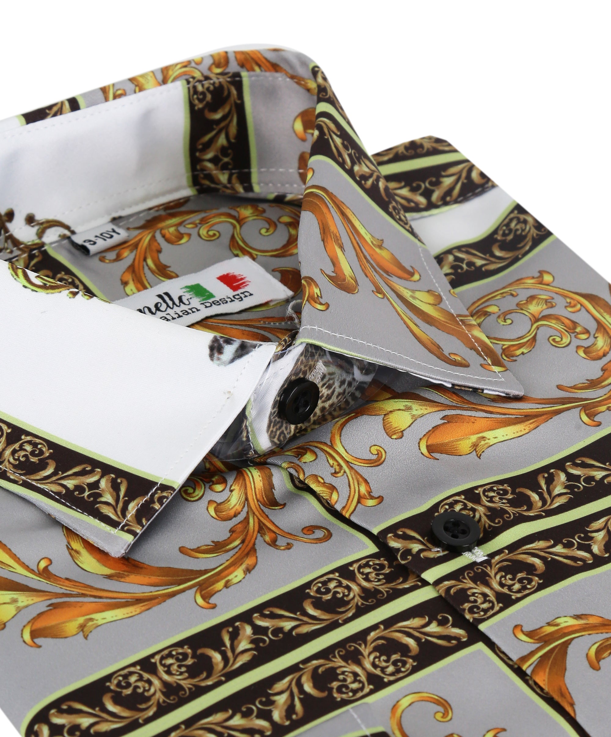 Men's Long Sleeve Printed Satin Shirt - Grey and Gold Setail Picture