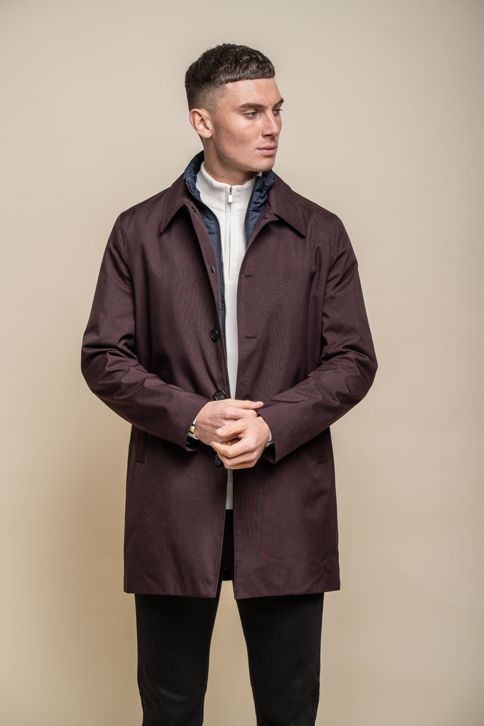 Men's Midi Length Geke Coat with Removable Zipper - BRANDO - Wine Red Model Picture