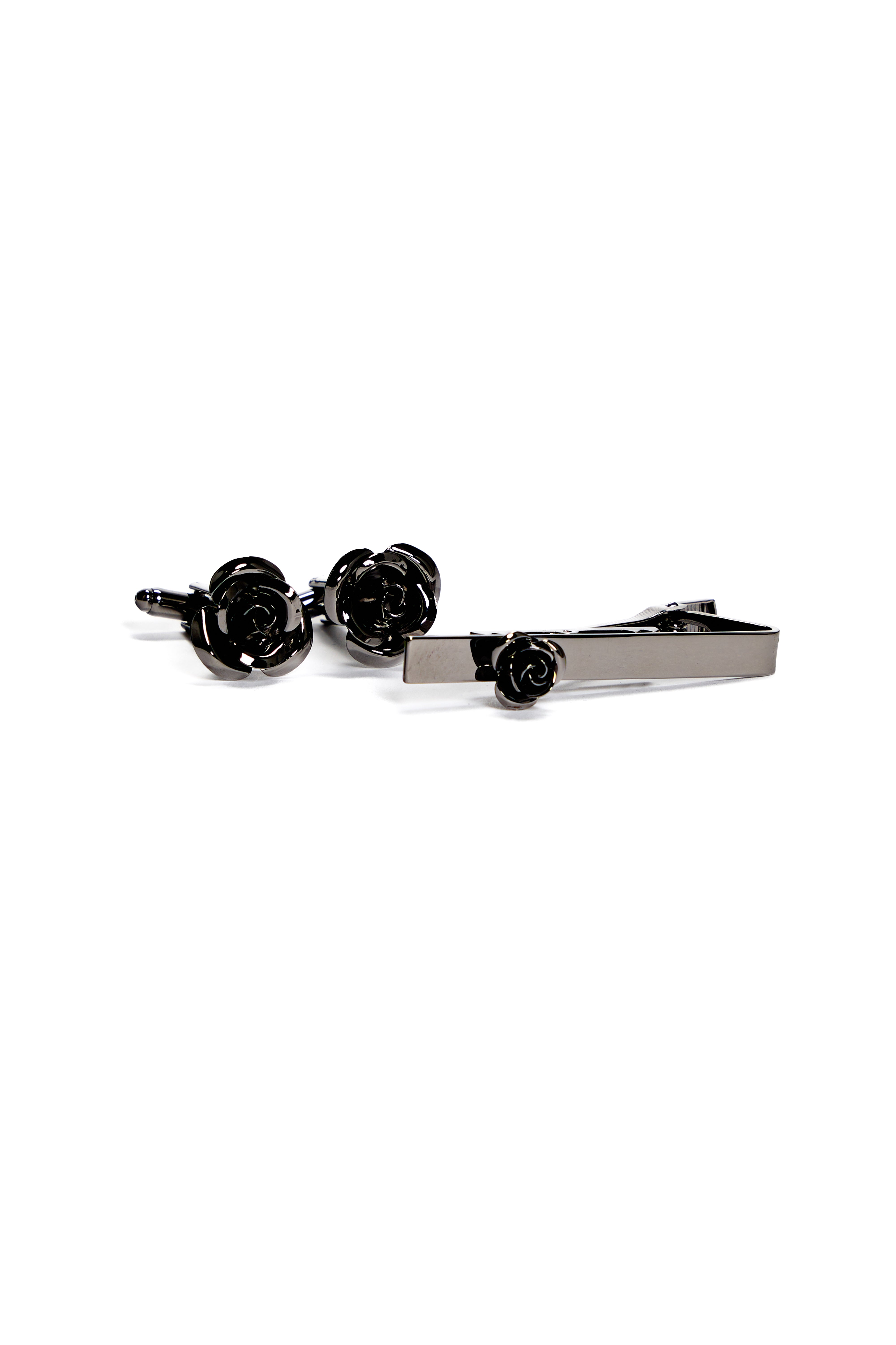 Men's Rose Cufflinks and Tie Clip Set - Black