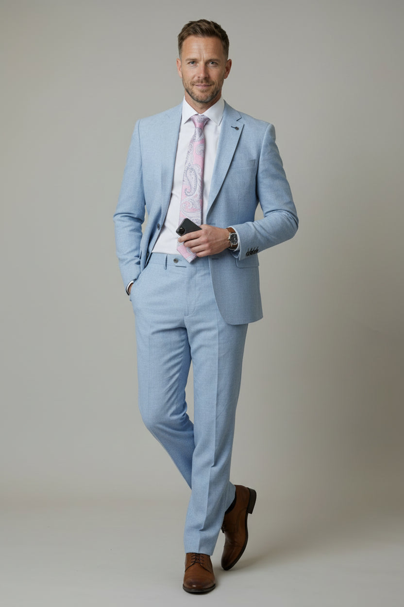 Men's Self Patterned Slim Fit Suit - JUDE - Light Blue