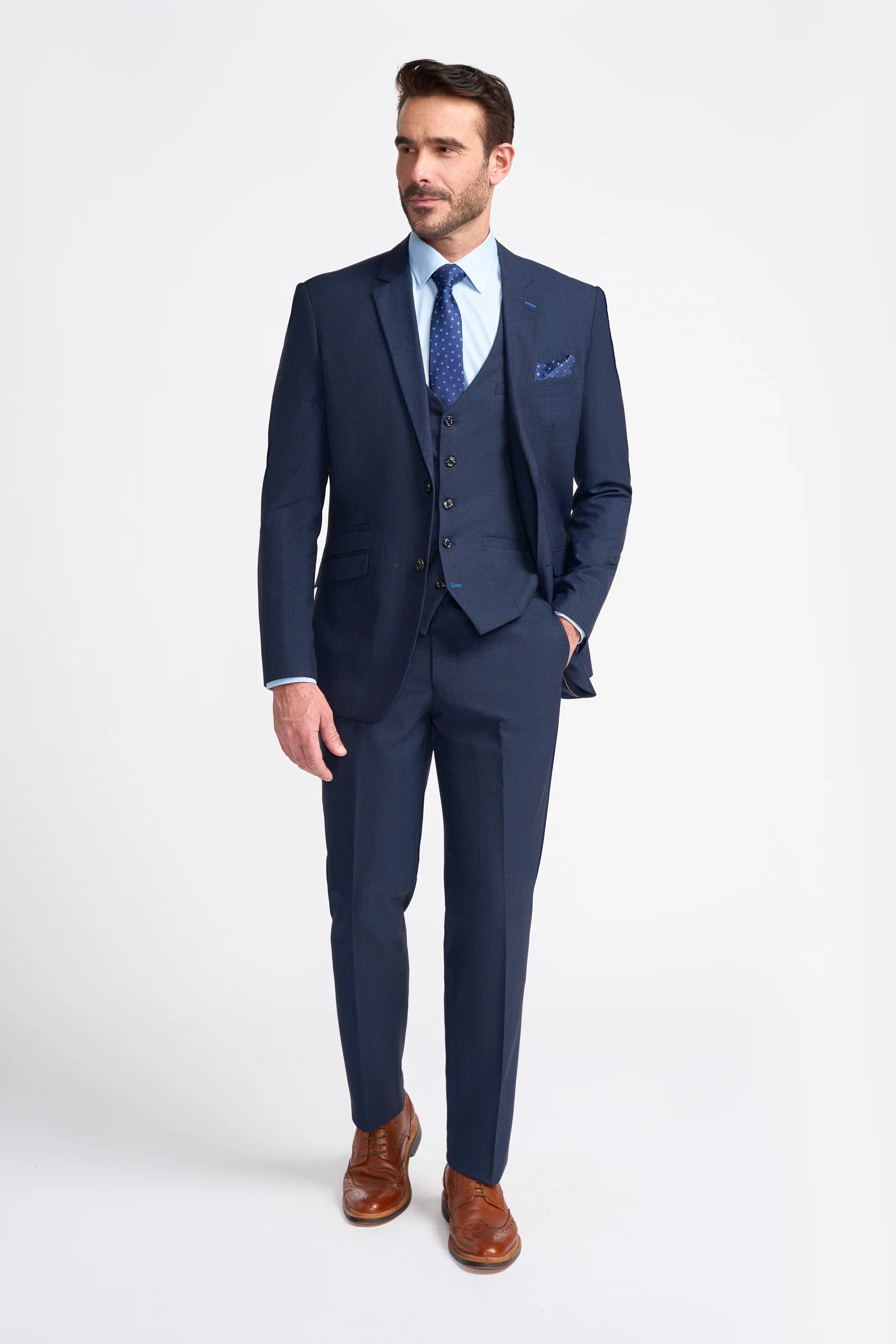 Men's Slim Fit Navy Suit Jacket - SEEBA - Navy Blue Model Front Picture