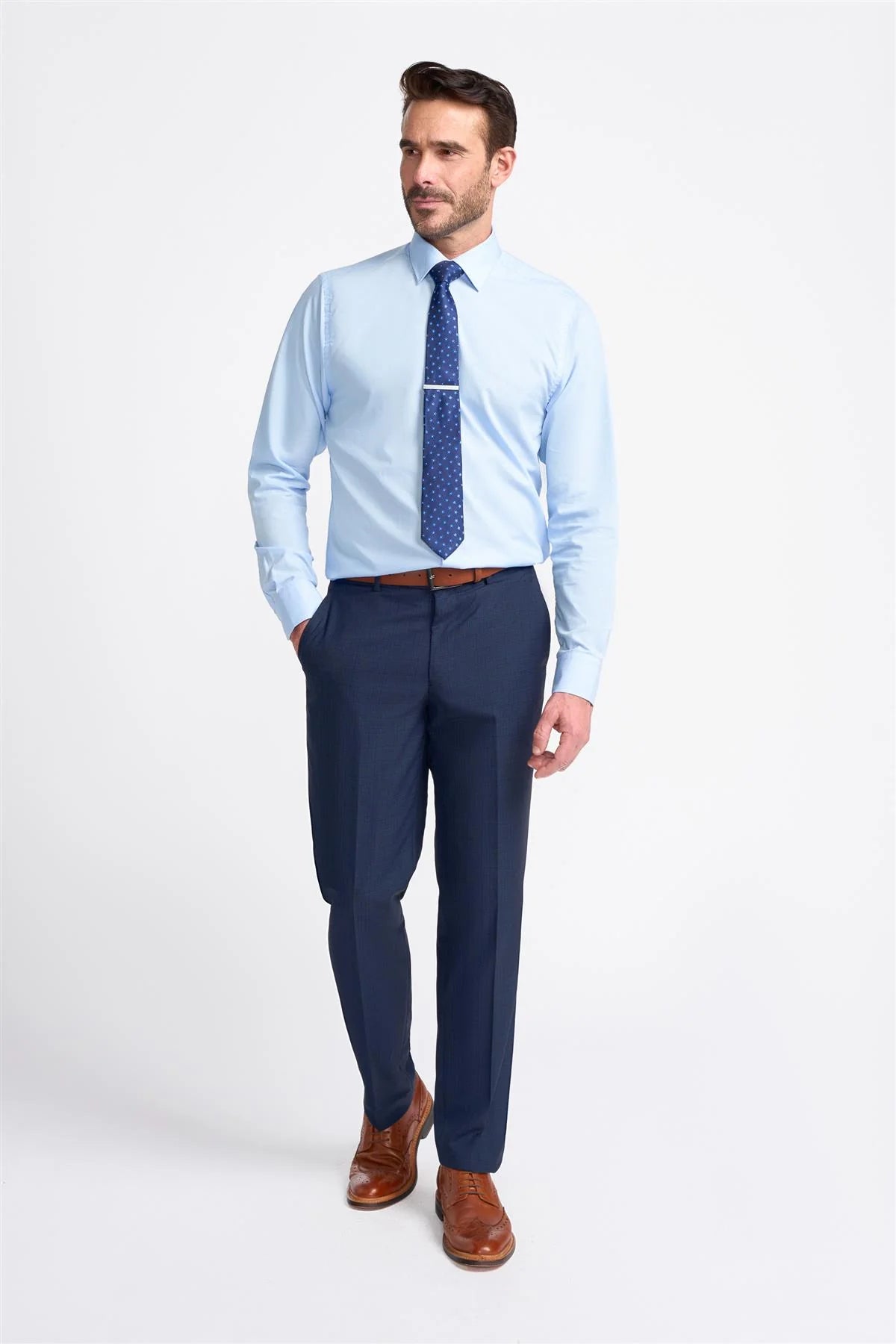 Men's Slim Fit Navy Trousers - SEEBA - Navy Blue Model Front Picture