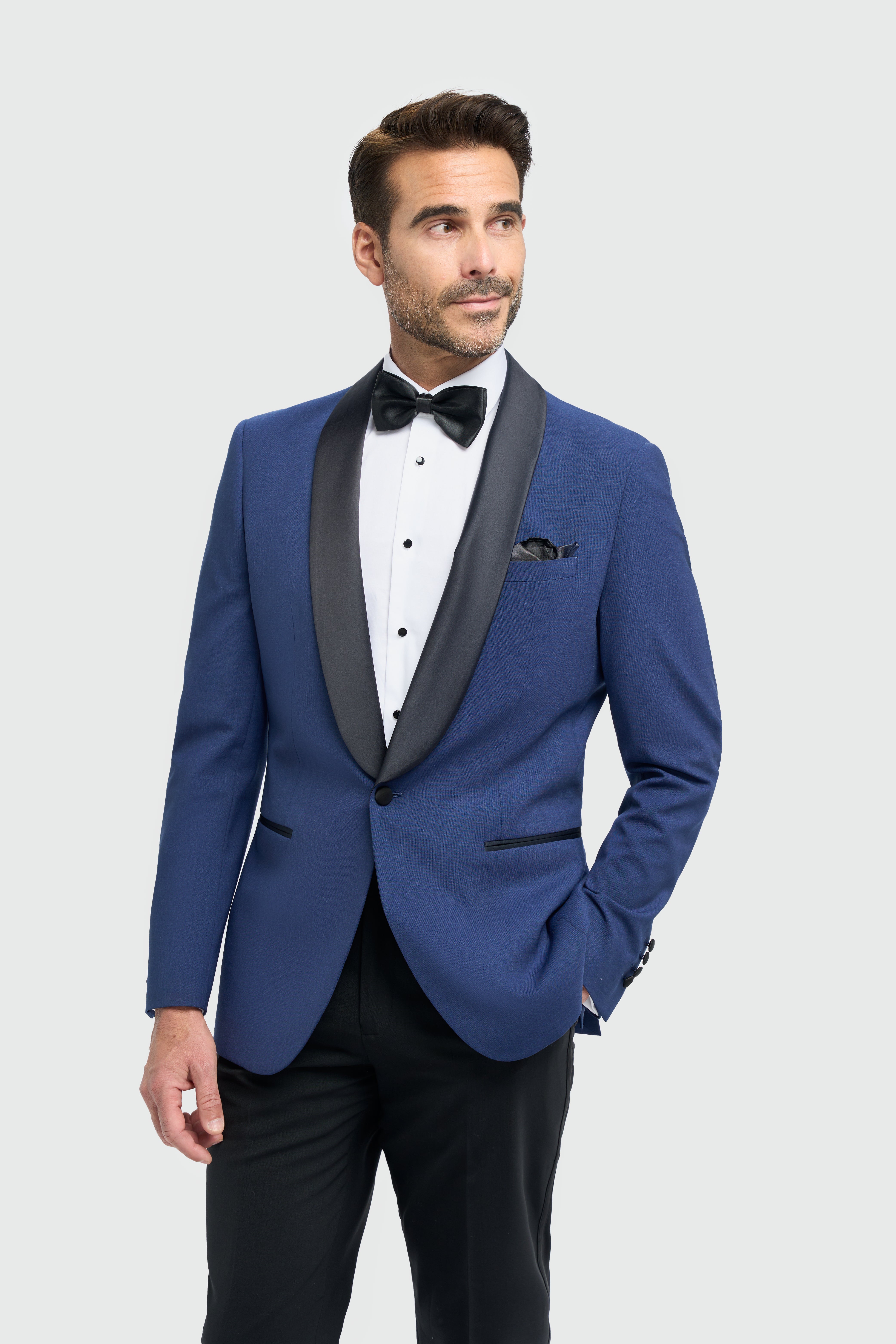 Men's Slim Fit Wool Blend Tuxedo Suit Jacket - ASPEN - Electric Blue Model Picture