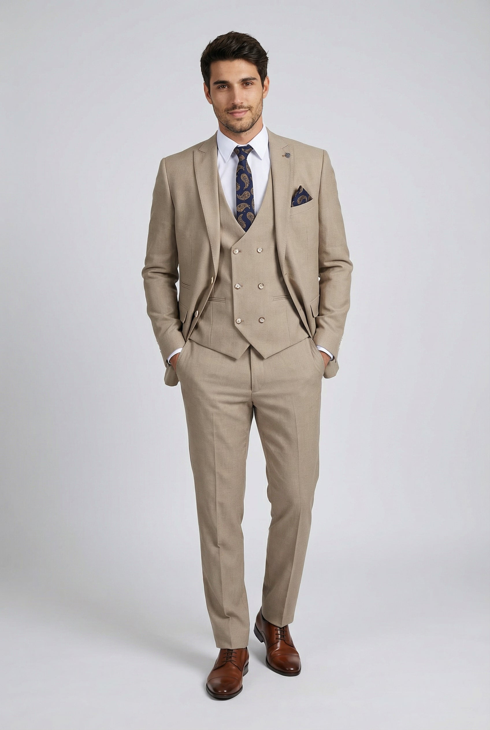 Men's Tailored Fit  3 Piece Suit Classic Special Occasion - JAMES - Taupe Beige