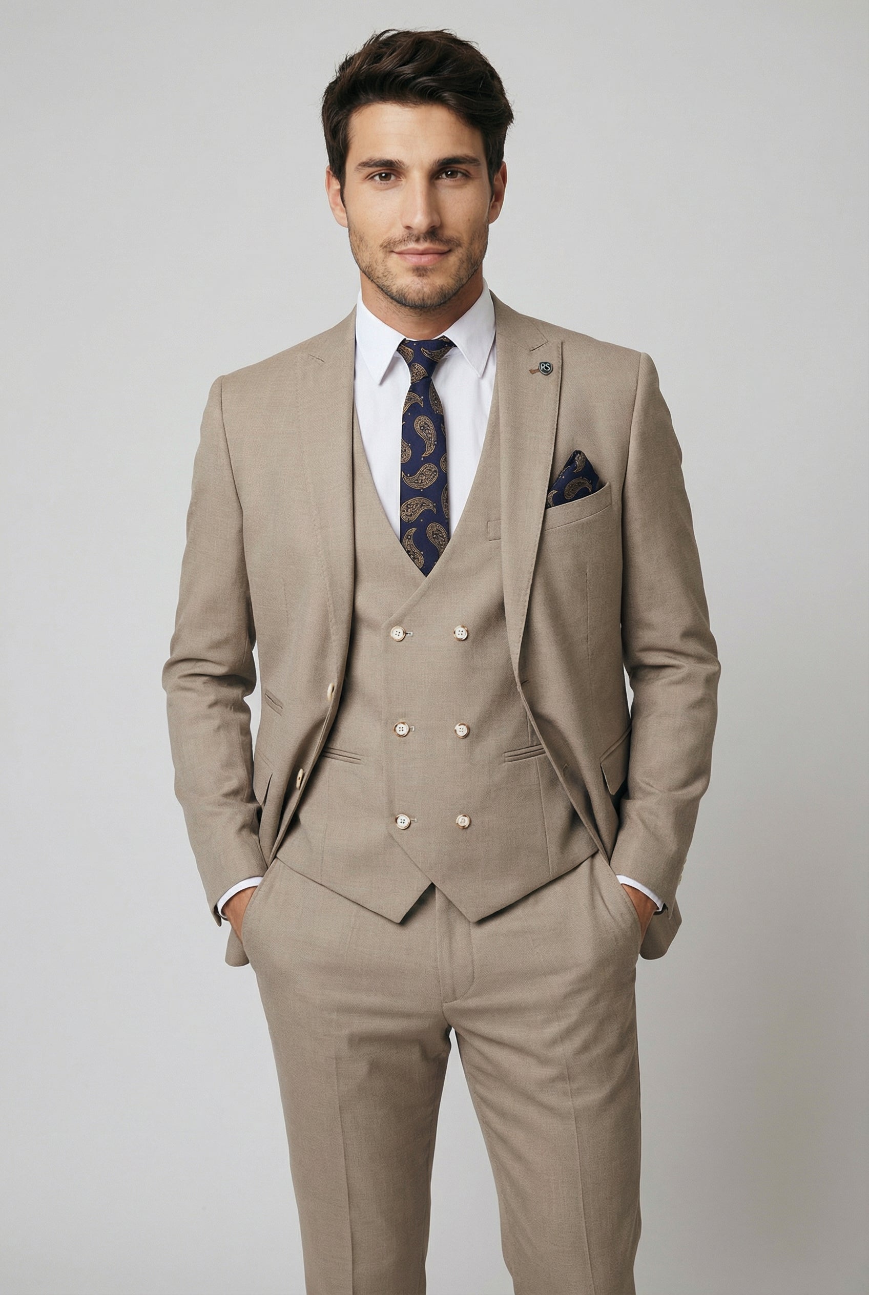 Men's Tailored Fit  3 Piece Suit Classic Special Occasion - JAMES - Taupe Beige