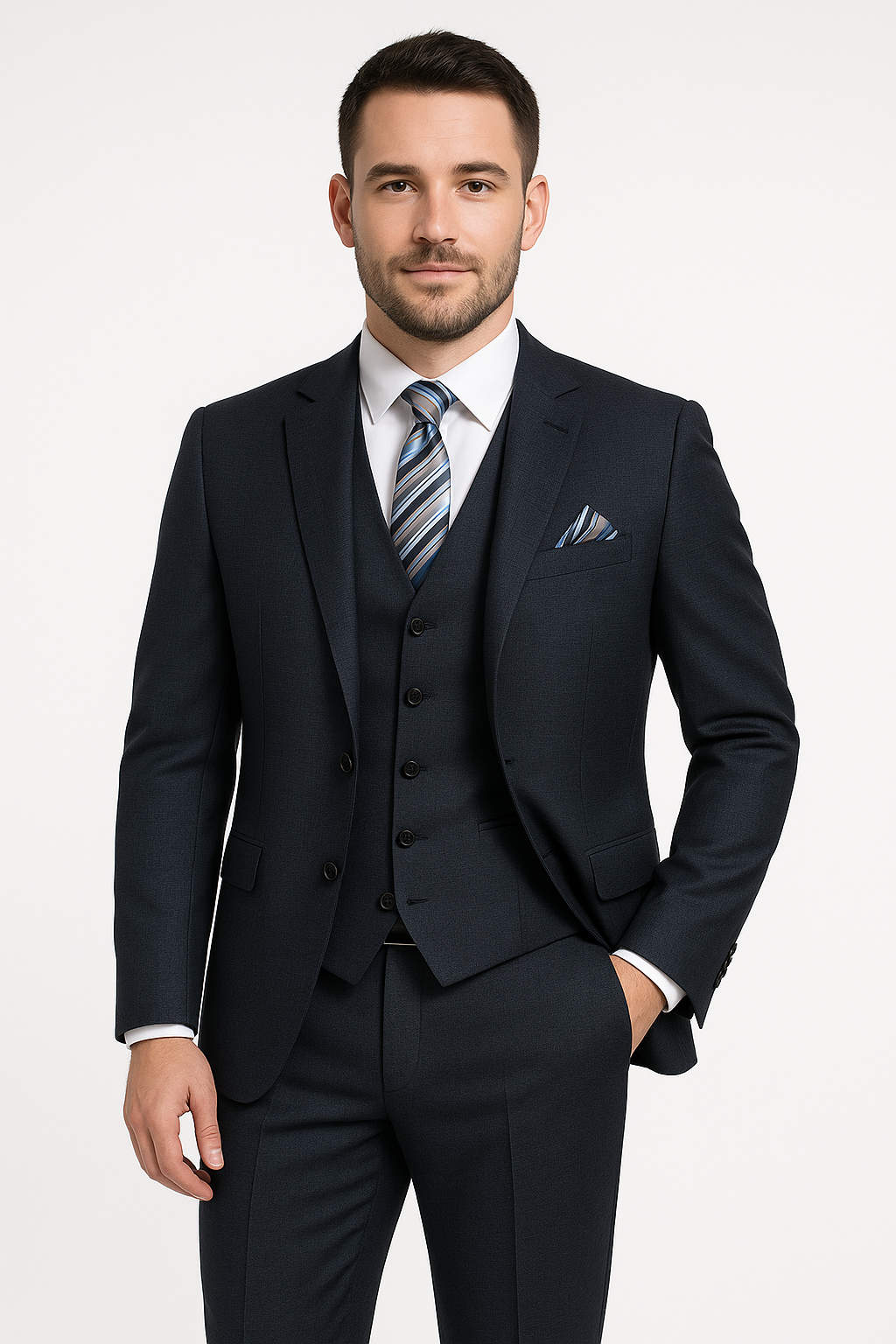 Men's Textured Tailored Fit Suit - ADRIAN - Navy Blue