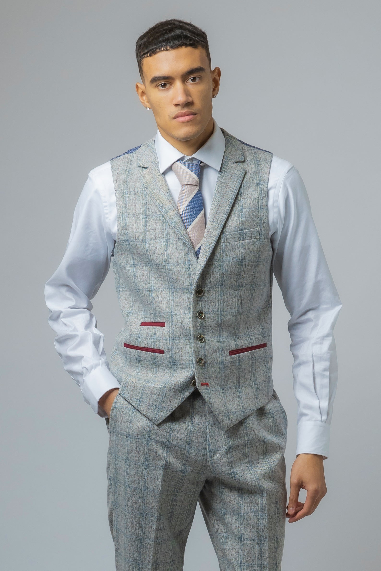 Men's Tweed Check Slim Fit Grey Waistcoat - ANDREW - Grey