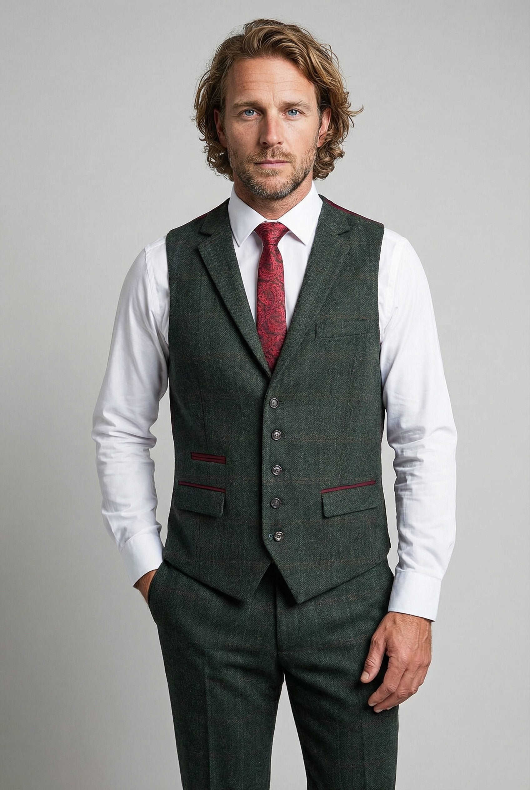 Gilet en tweed à carreaux pour homme, coupe ajustée - JOSHUA Vert - Vert