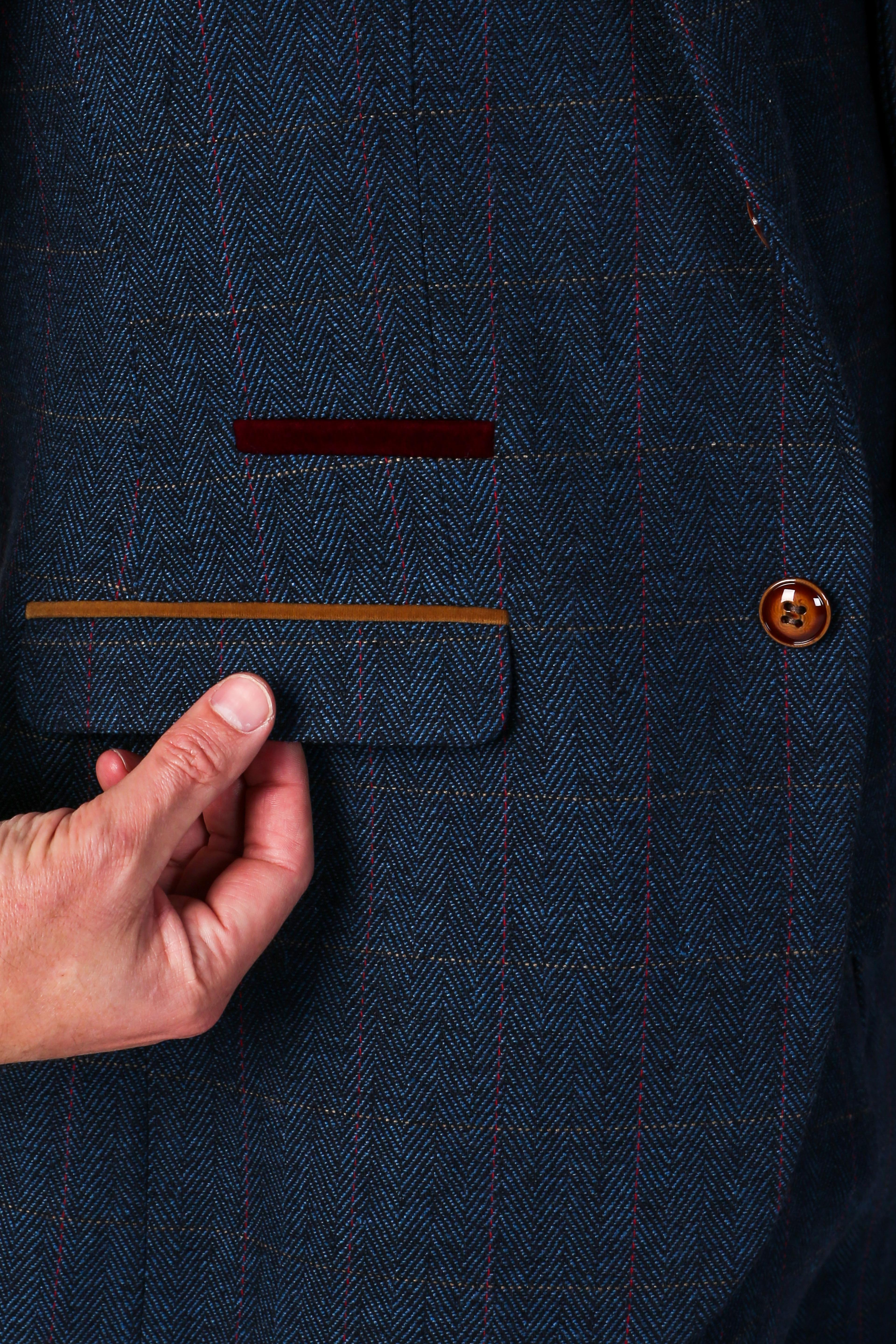 Men's Tweed Herringbone Tailored Fit Suit Jacket - SCOTT - Navy Blue