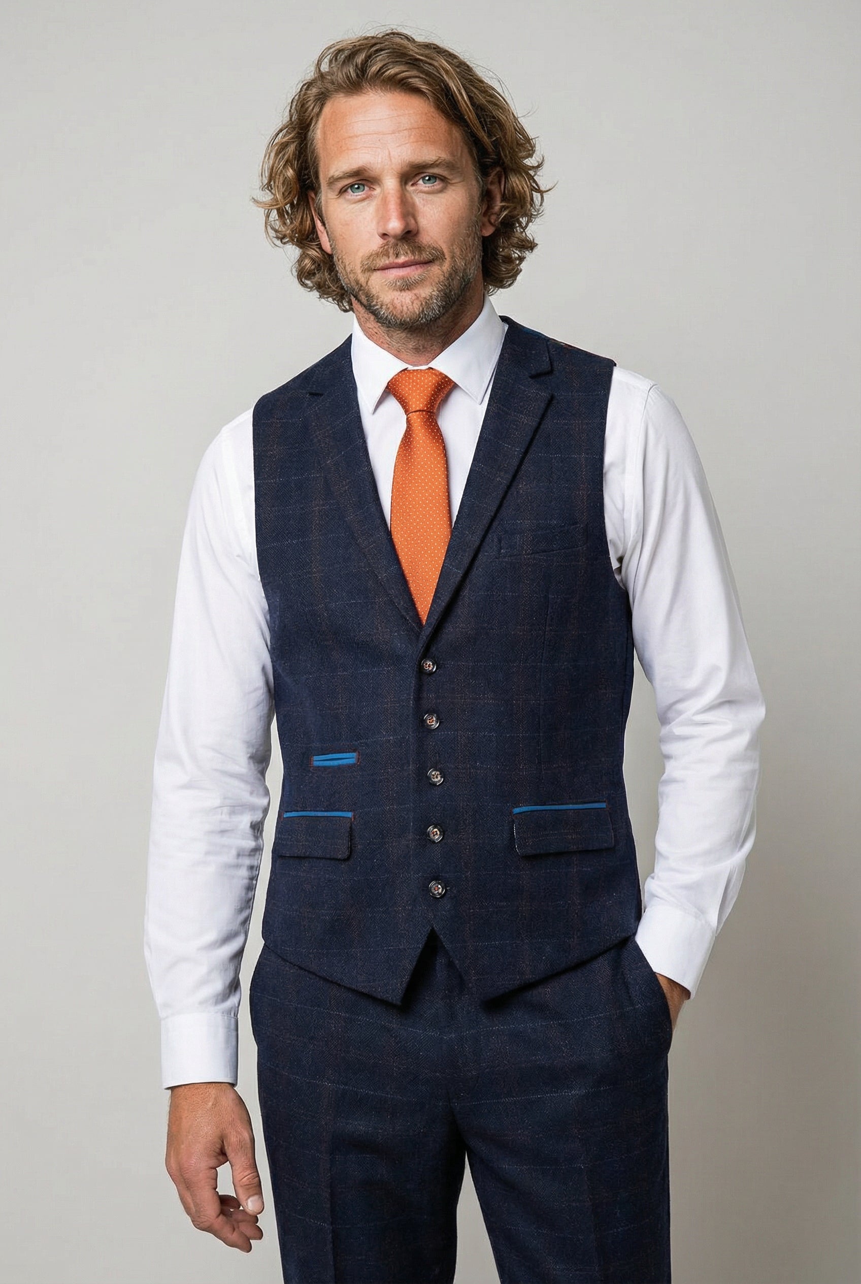 Gilet bleu marine à carreaux en tweed pour homme - RYAN - Bleu marine