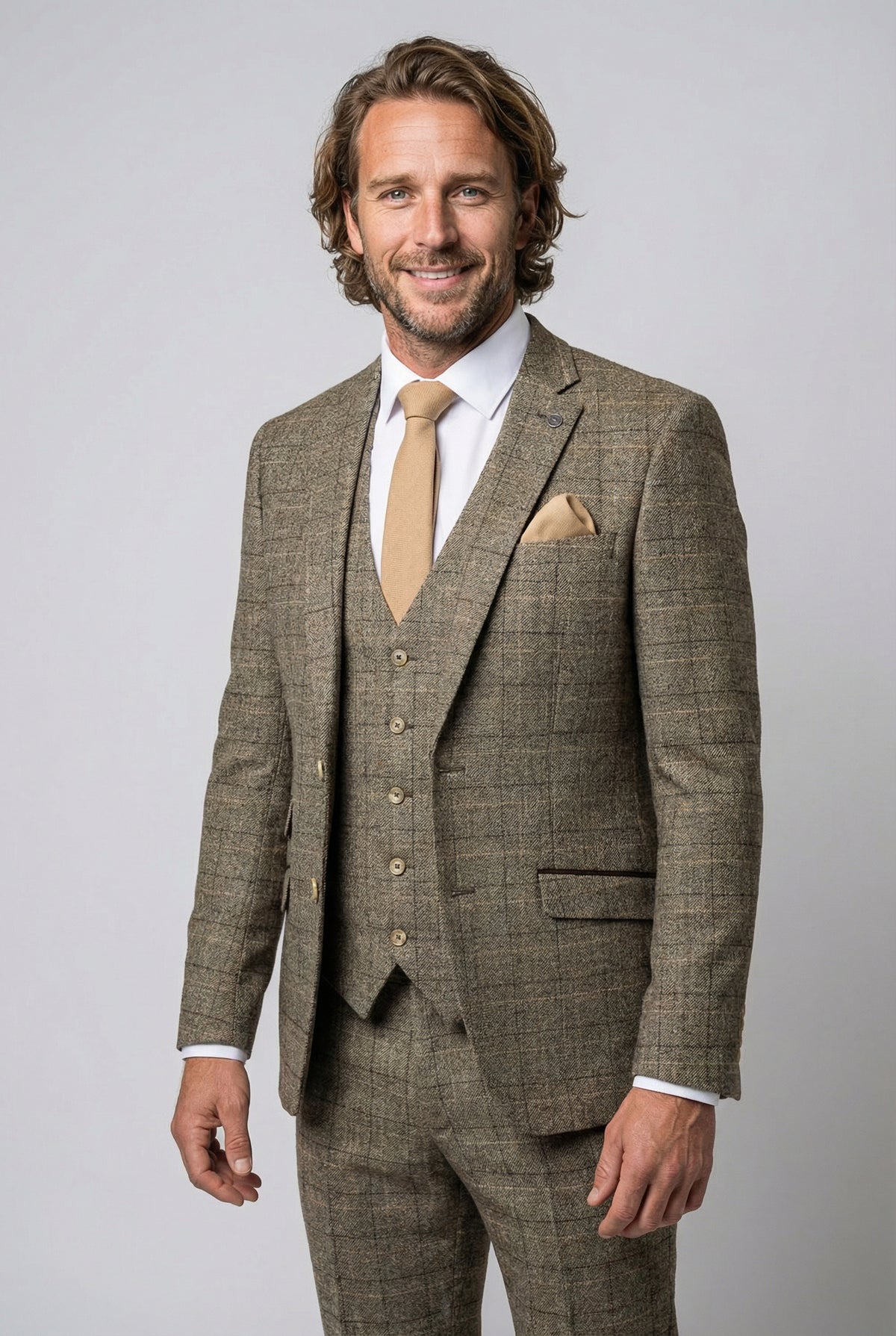 Men's Tweed Windowpane Check Tailored Fit 3 Piece Suit Set | SIRRI