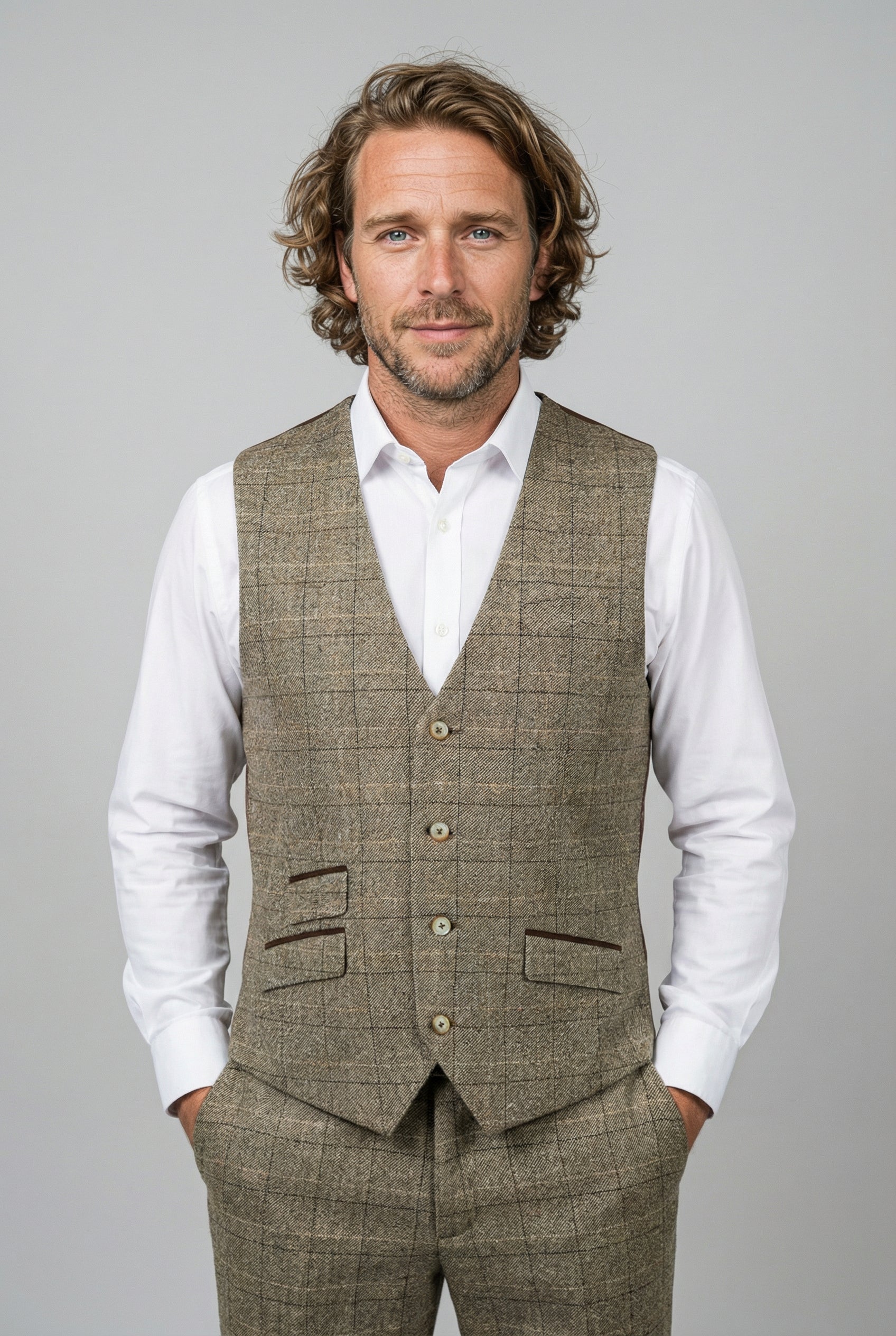 Gilet en tweed à carreaux fenêtre pour homme - LIAM Beige - Beige