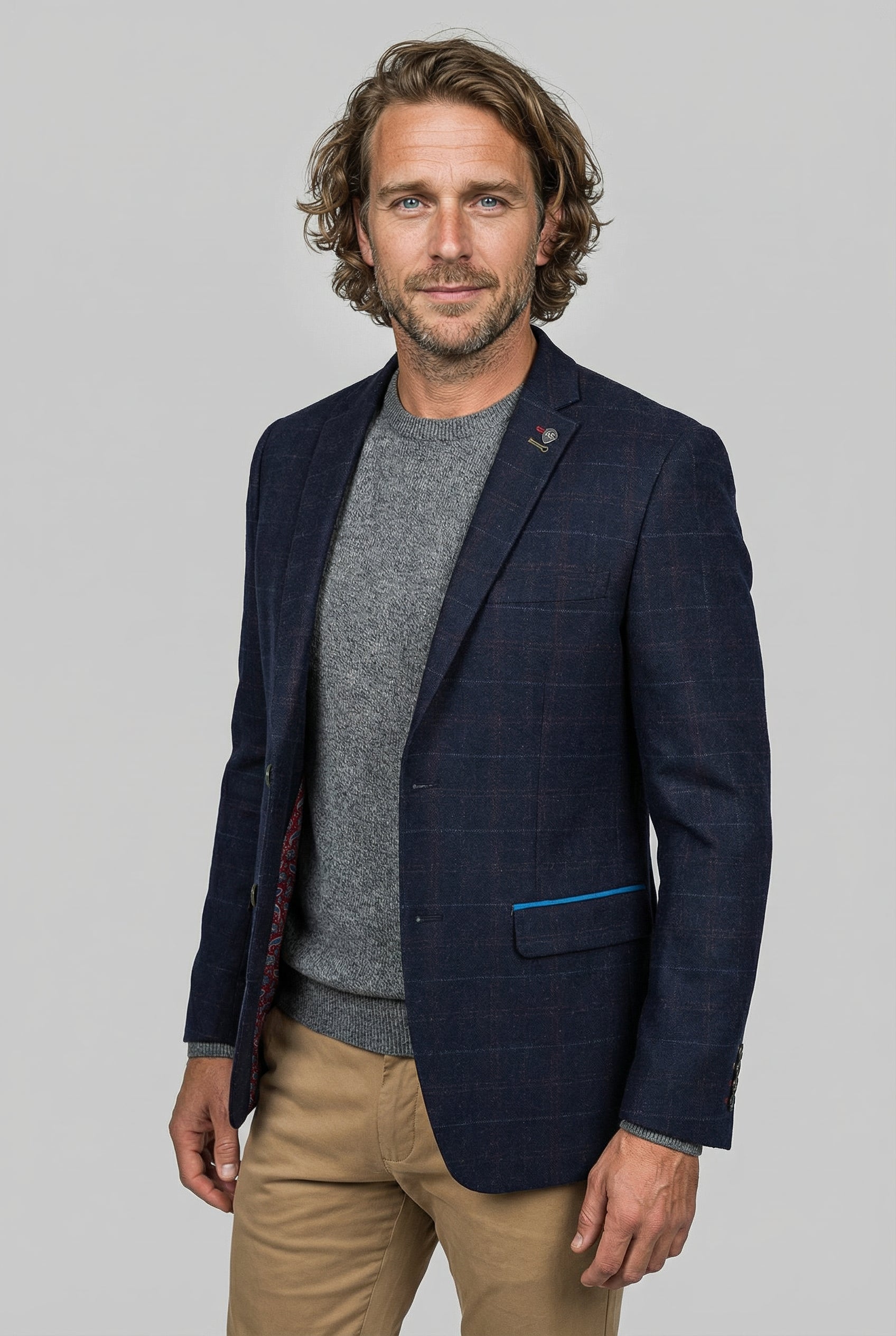 Giacca da uomo in tweed a quadri finestra, vestibilità sartoriale, blu navy - RYAN - Blu Navy
