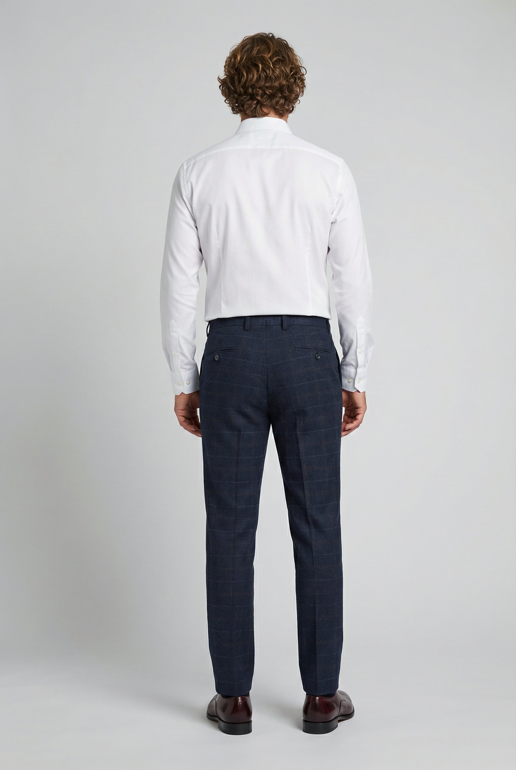 Pantalones de lana a cuadros ventana para hombre, corte entallado, azul marino - RYAN - Azul marino