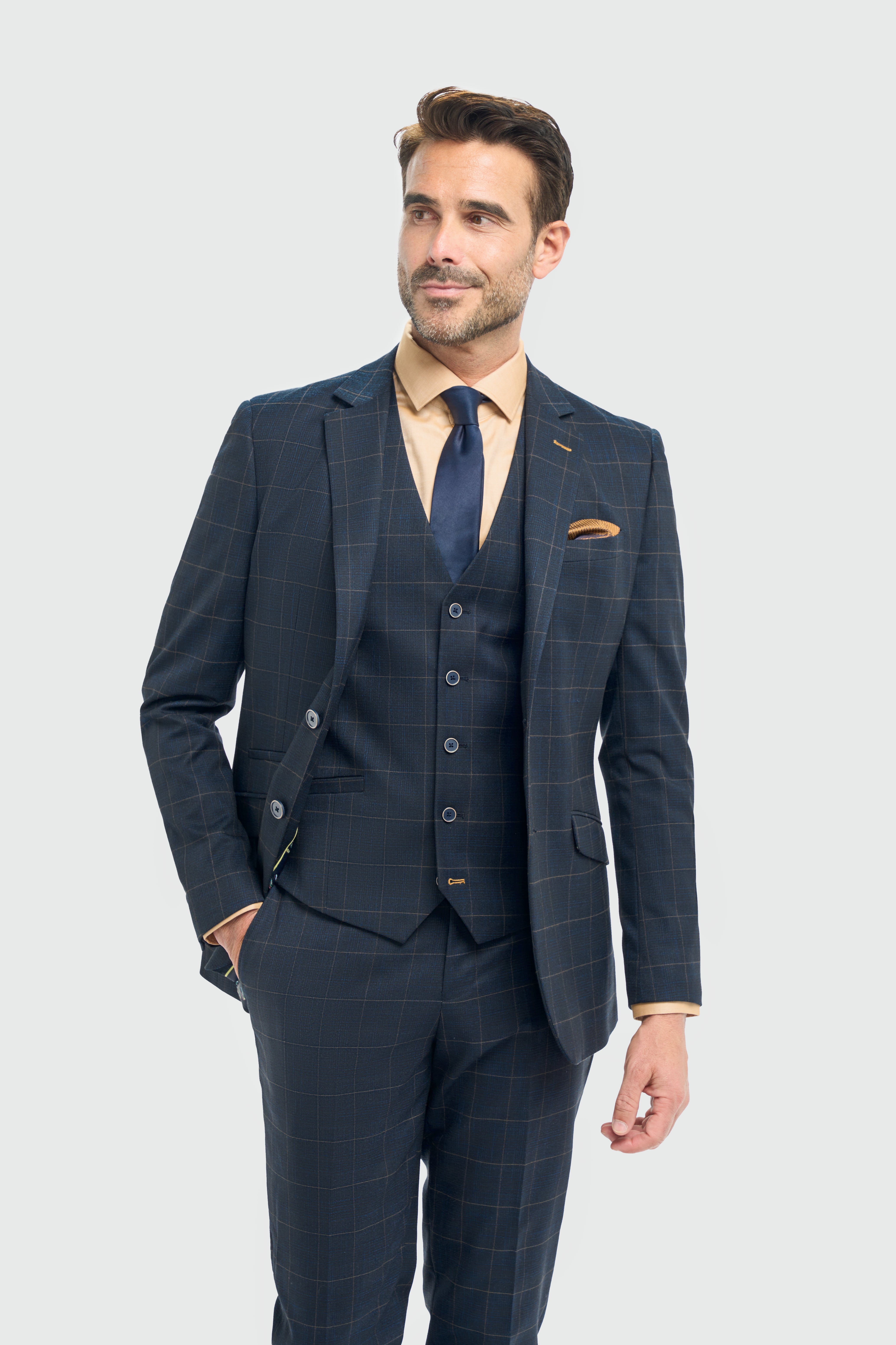 Men’s Navy Windowpane Check Formal Suit Jacket - Torino Model Picture