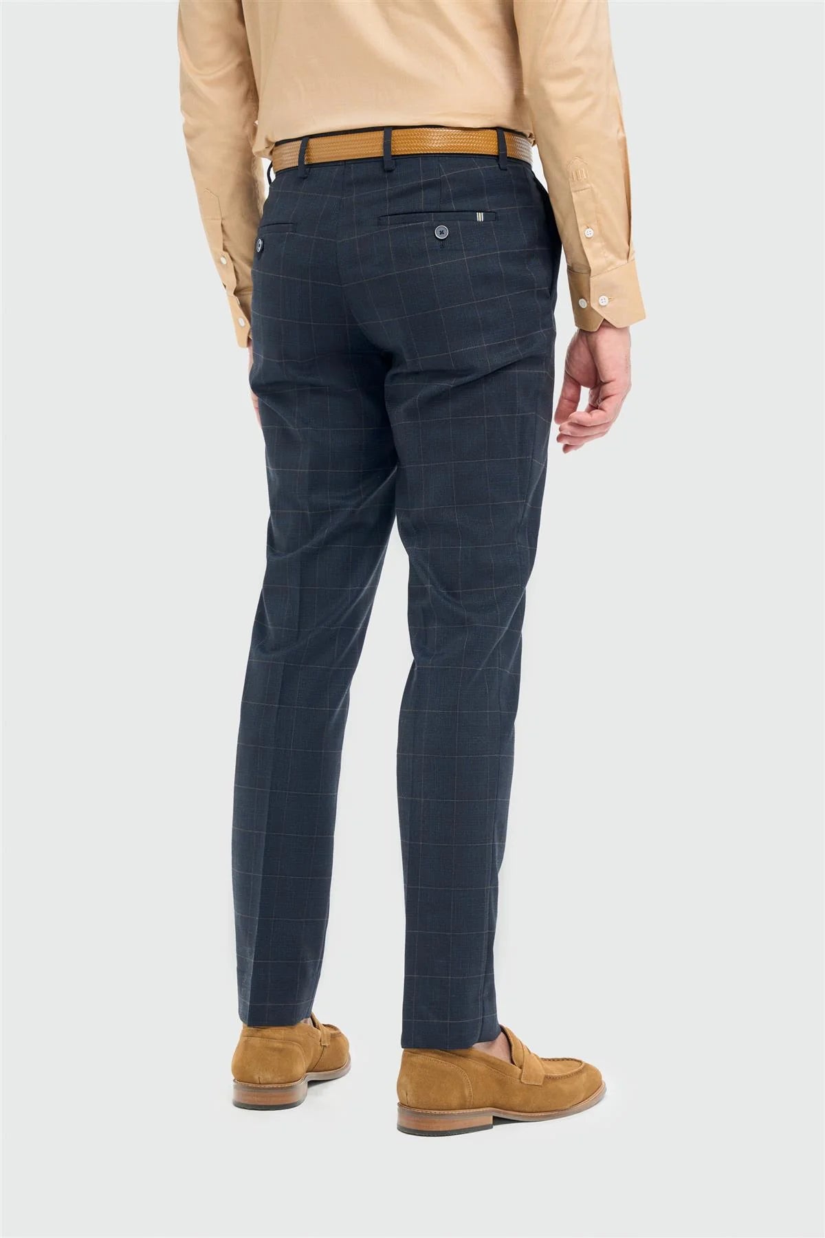 Men’s Windowpane Check Formal Trousers - Torino - Navy Model Back Picture