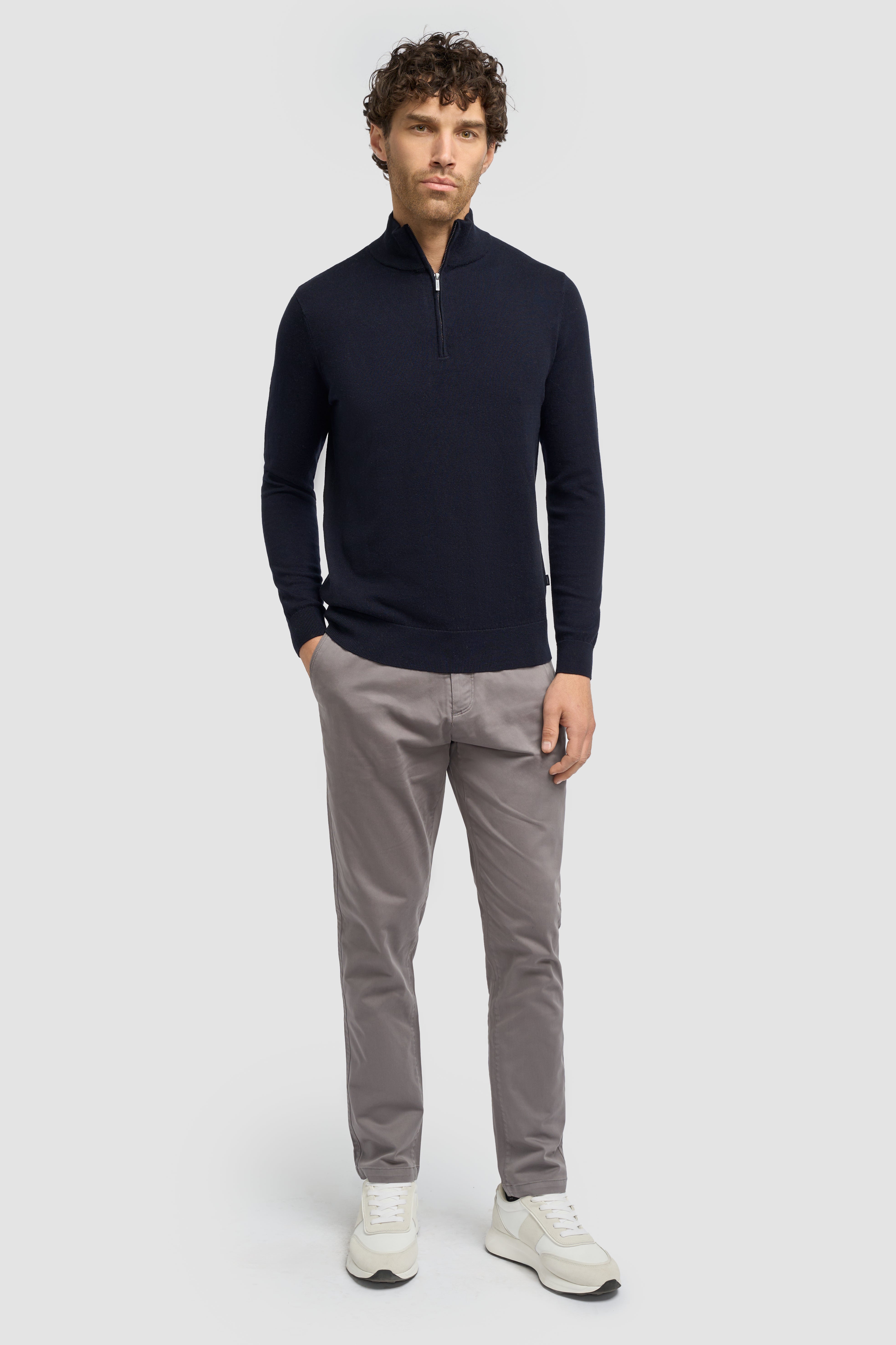 Men’s Wool-Cotton Blend Funnel Neck Knit Jumper - Ivano - Navy Front Picture