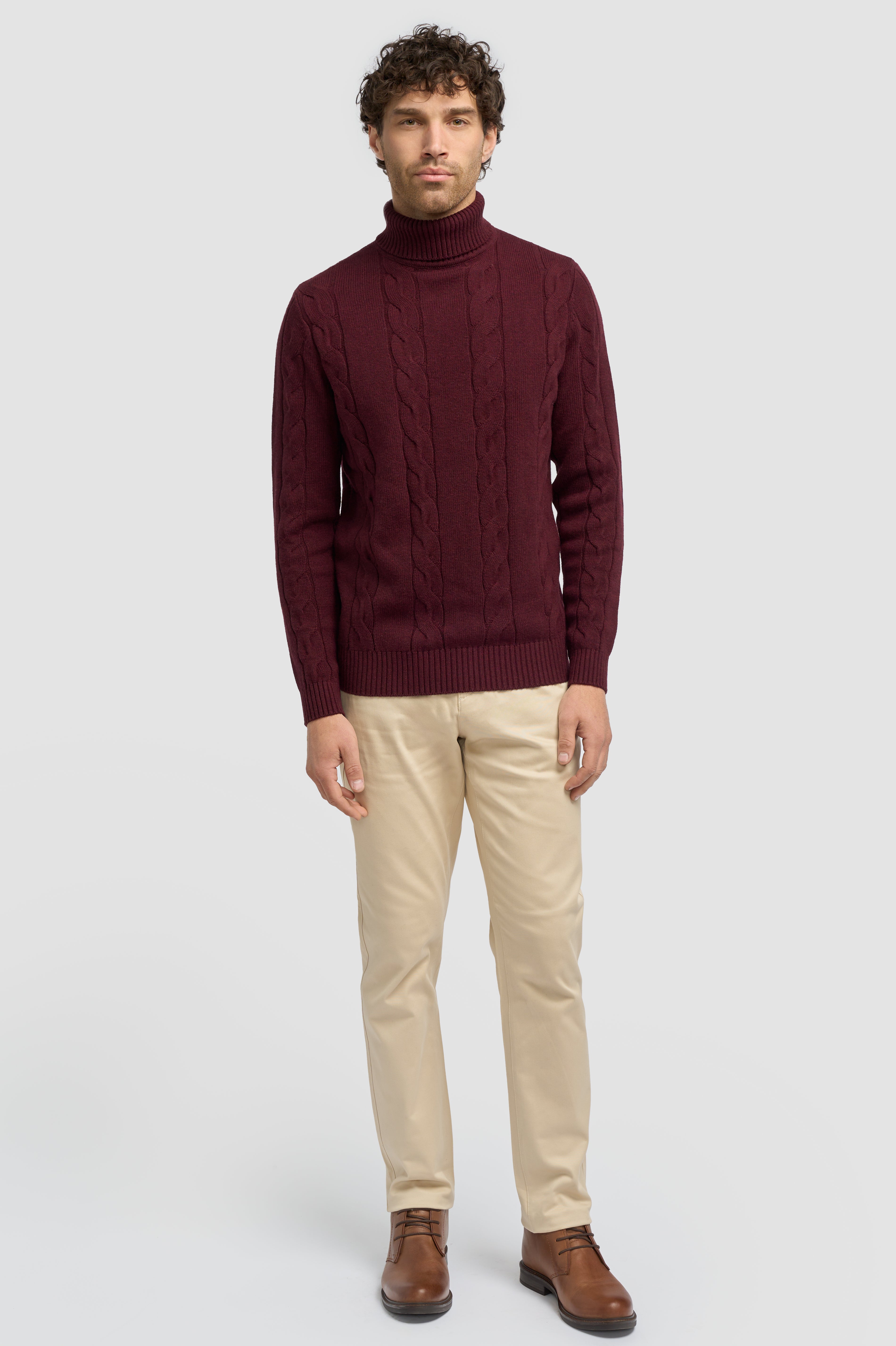 Men’s Wool-Cotton Cable Knit Roll Neck Jumper - Archie - Wine Front Picture