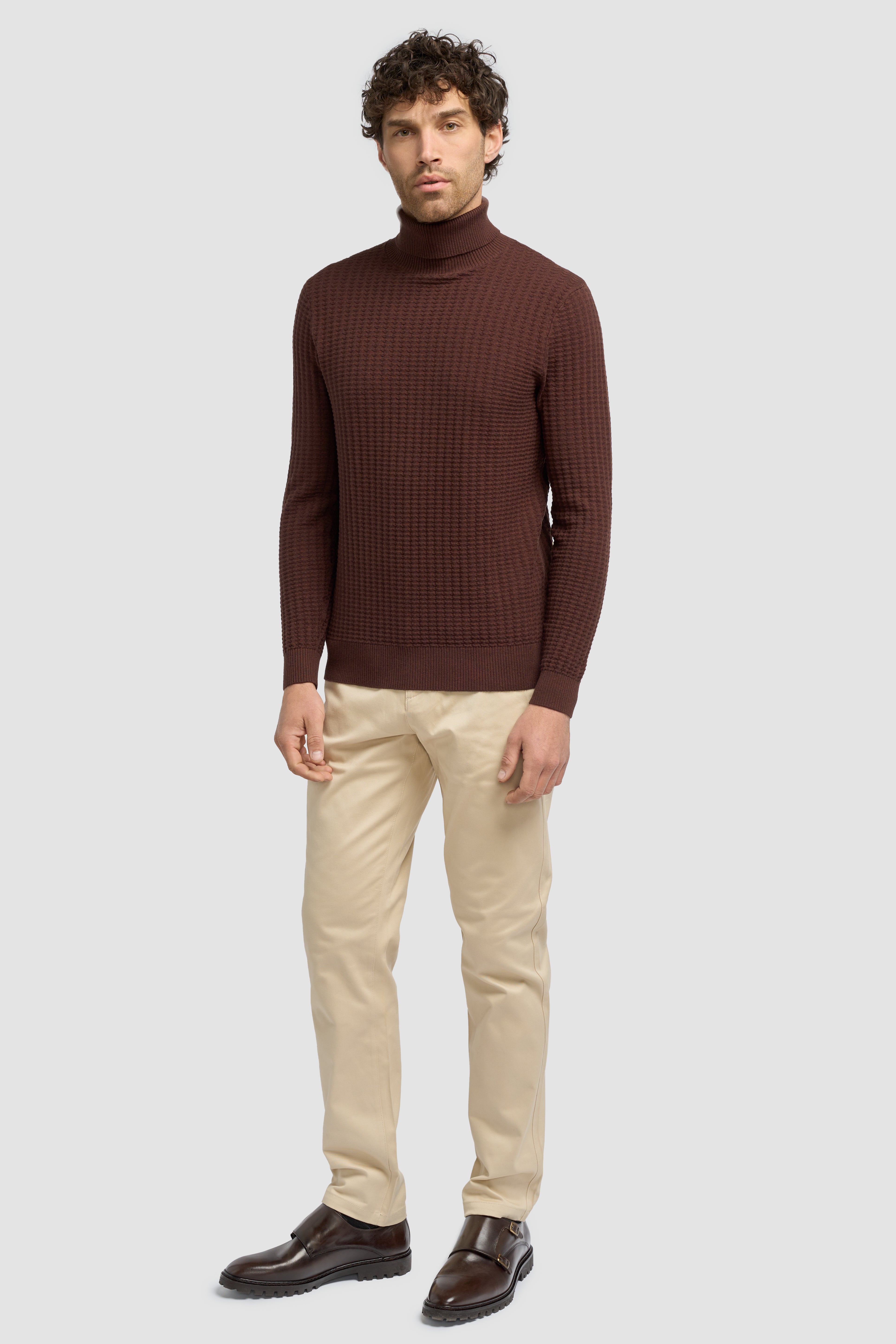 Men’s Wool-Cotton Waffle Knit Roll Neck Jumper - Argas - Brown Front Picture