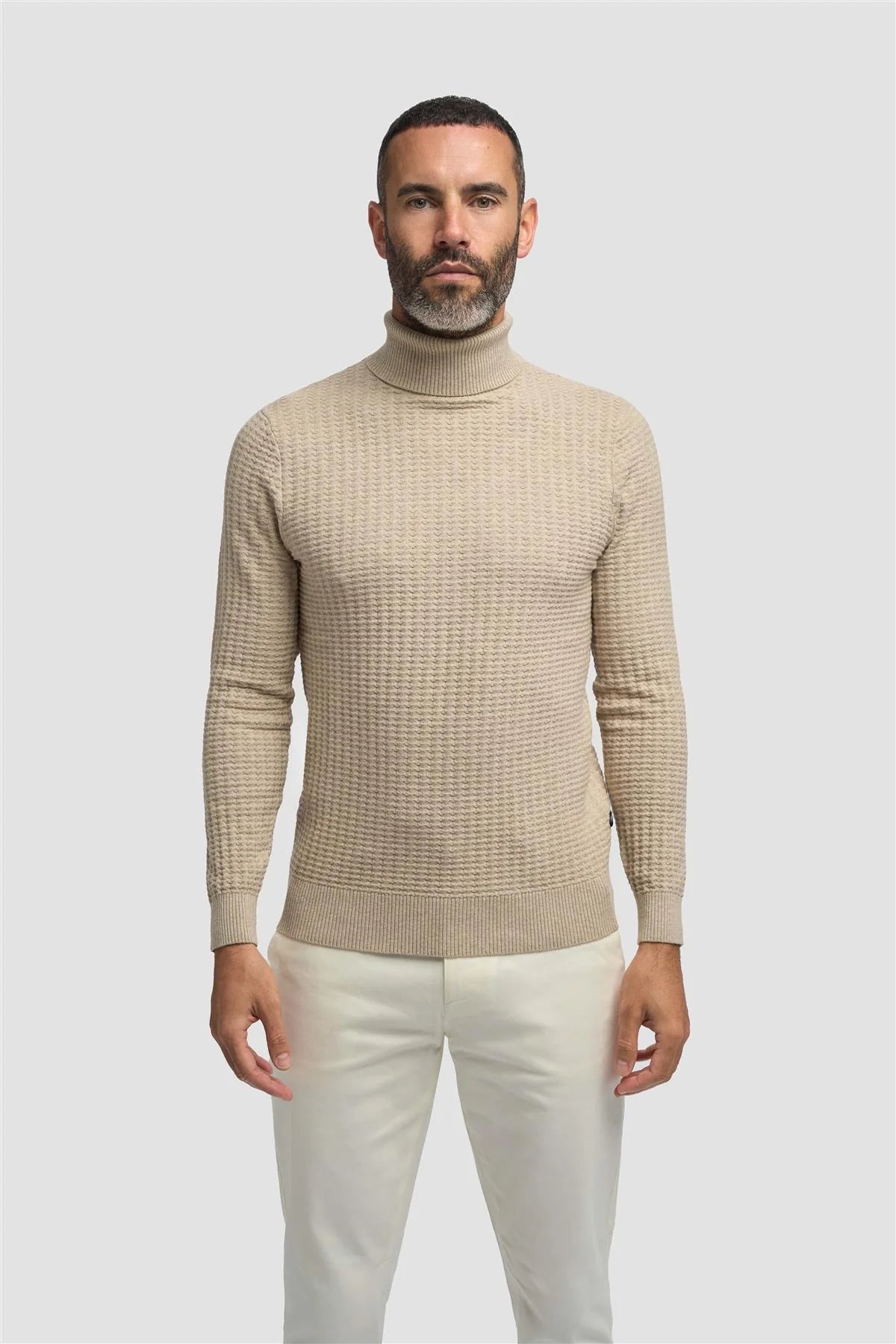 Men’s Wool-Cotton Waffle Knit Roll Neck Jumper - Argas - Fawn Model Picture