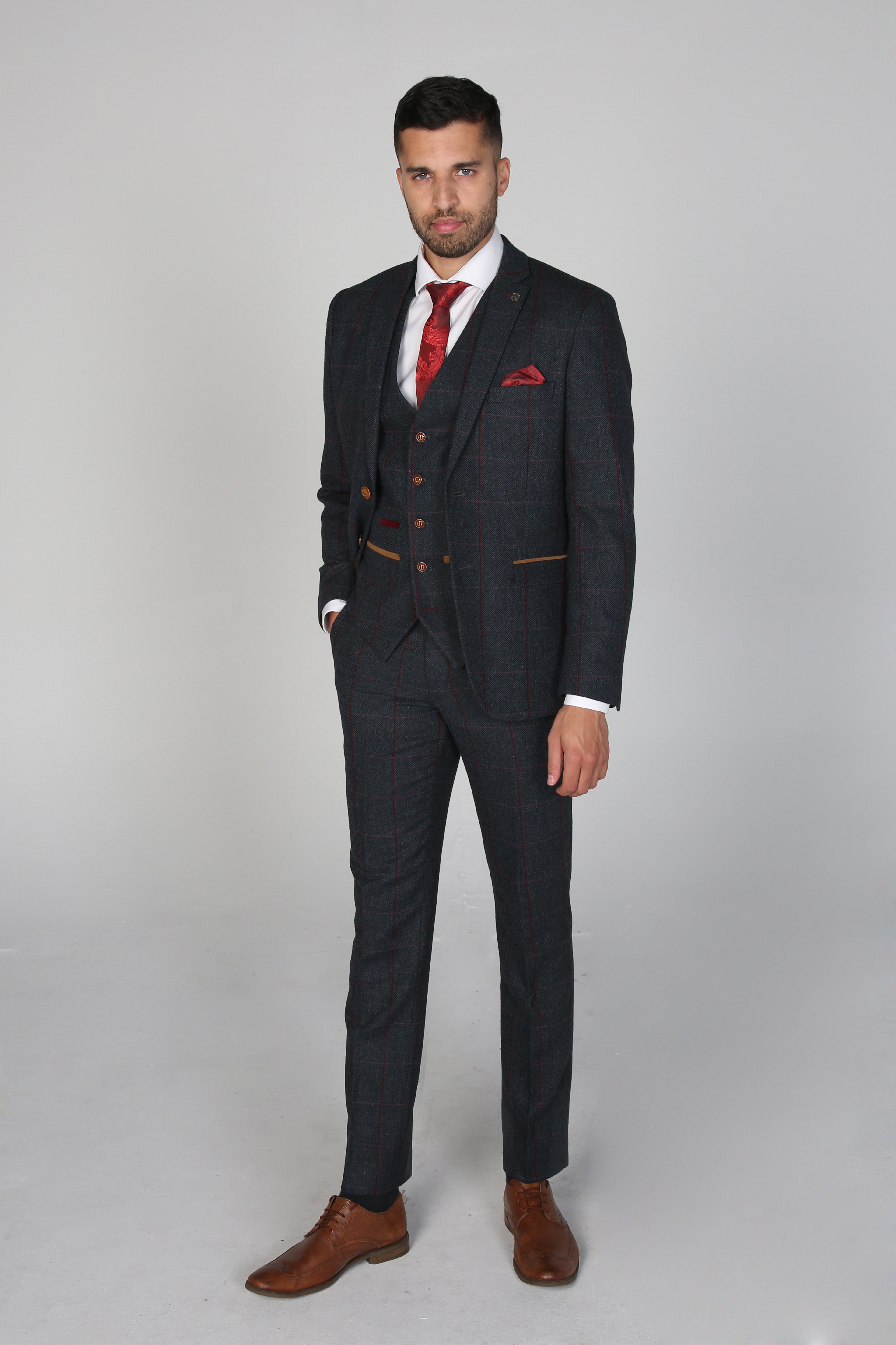 Herren- und Jungenanzug aus Tweed mit Windowpane-Karo, maßgeschneiderte Passform - MADRID - Marineblau