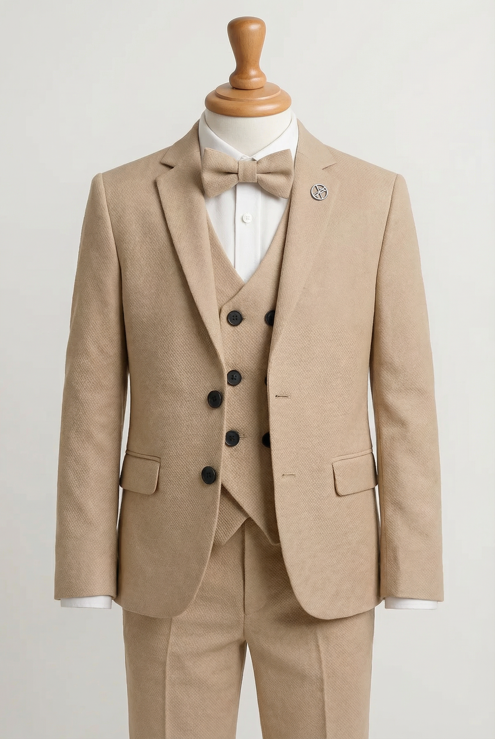 Costume 5 pièces pour garçon en tissu texturé avec gilet croisé - Marron clair