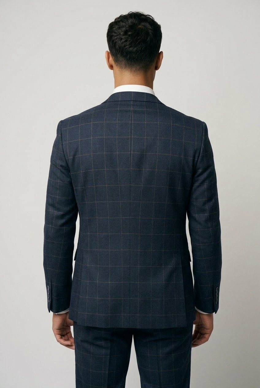 Torino 2-Piece Windowpane Check Prom Suit - Navy Blue Back Picture