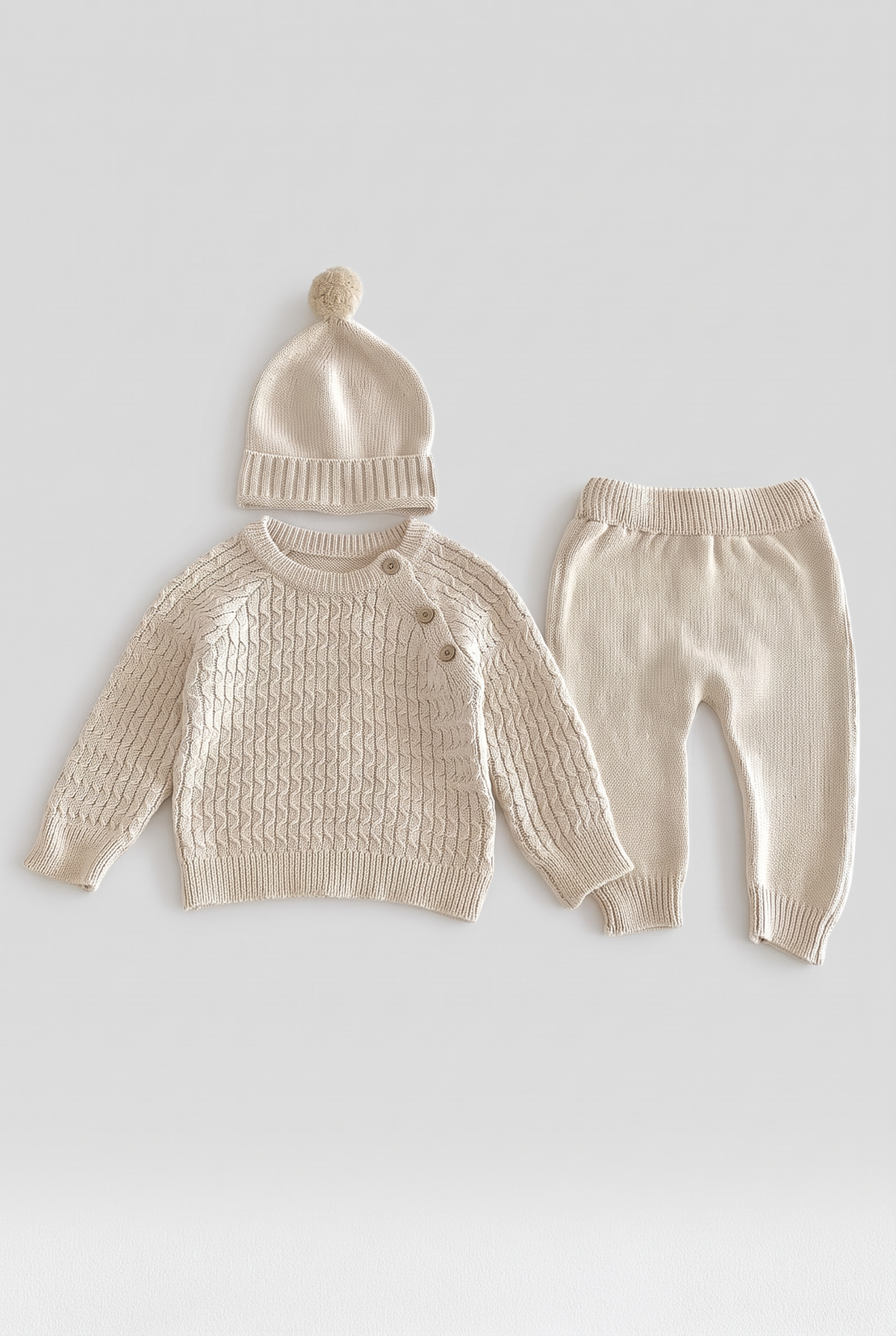 Unisex Babies Cable Knit Jumper Joggers & Pom Pom Hat 3-Piece Set - 26022 Beige