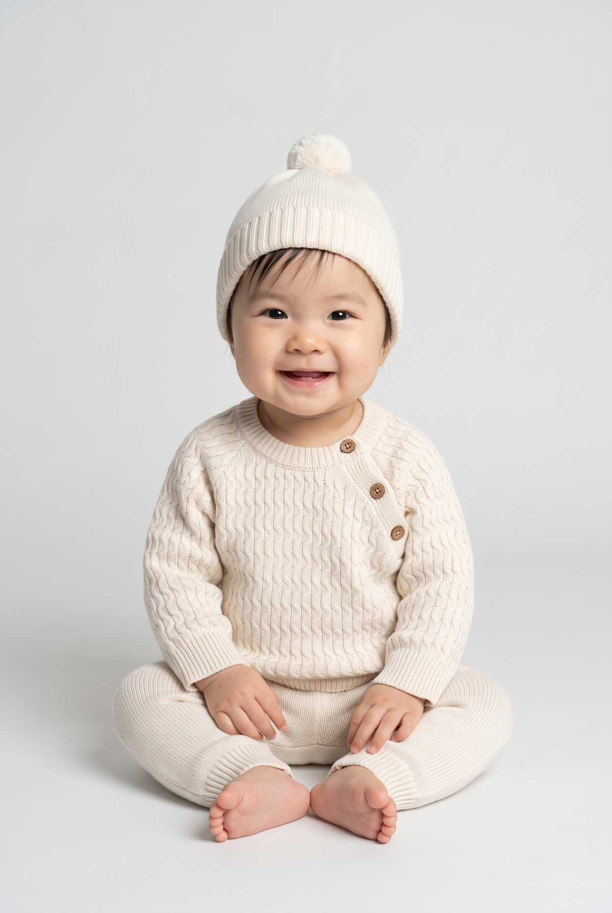 Unisex Babies Cable Knit Jumper Joggers & Pom Pom Hat 3-Piece Set - 26022 Ivory Front Picture