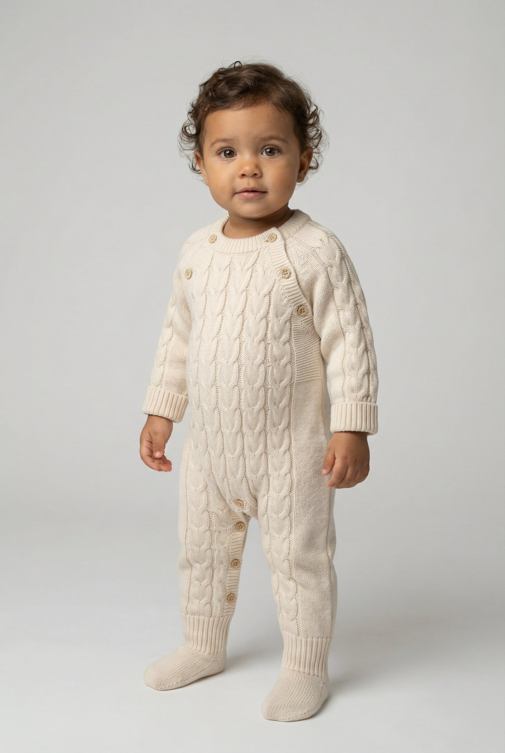 Unisex Babies Long Sleeve Cable Knit Romper Beige Model Picture